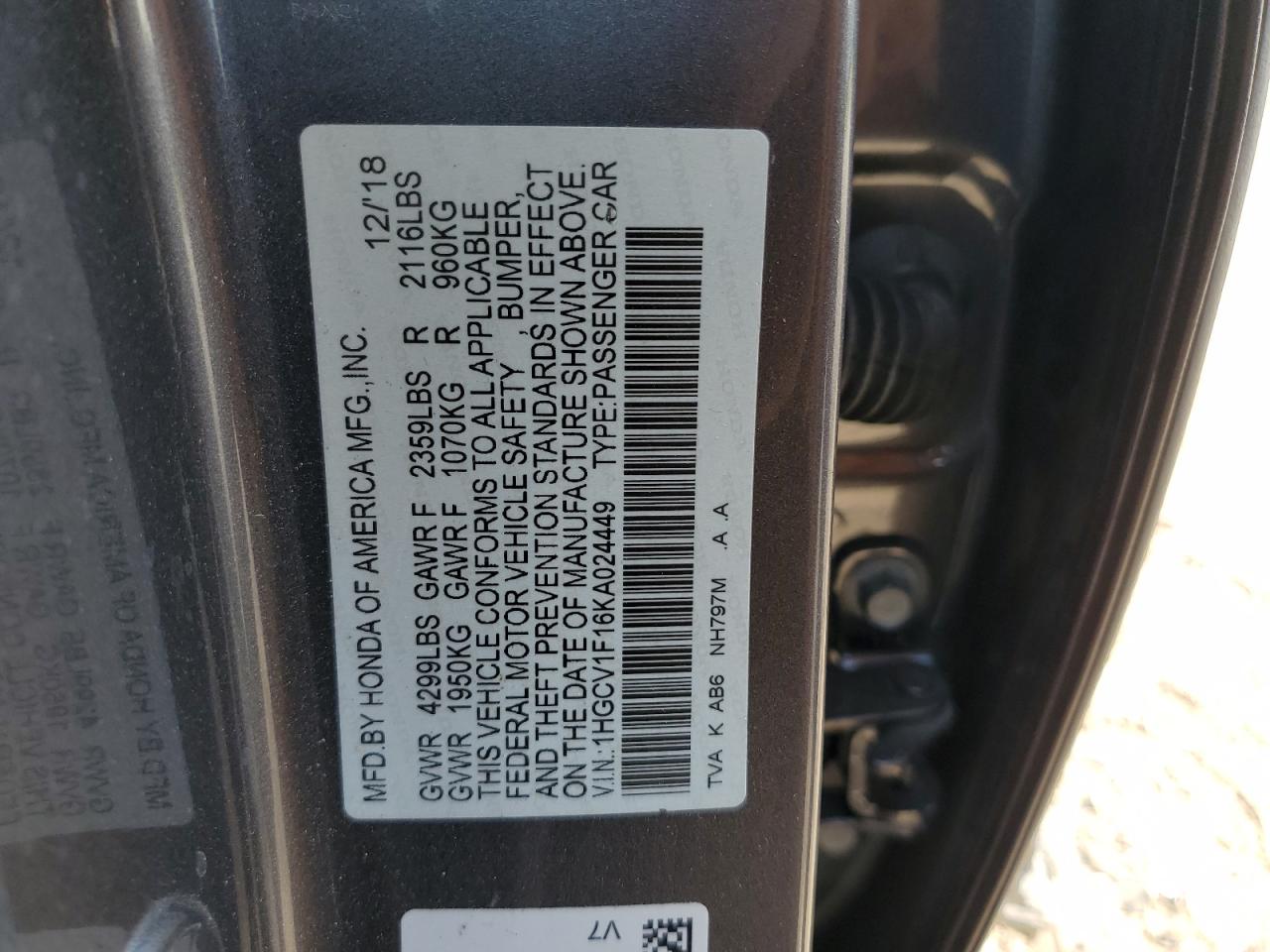 2019 Honda Accord Lx VIN: 1HGCV1F16KA024449 Lot: 67520095