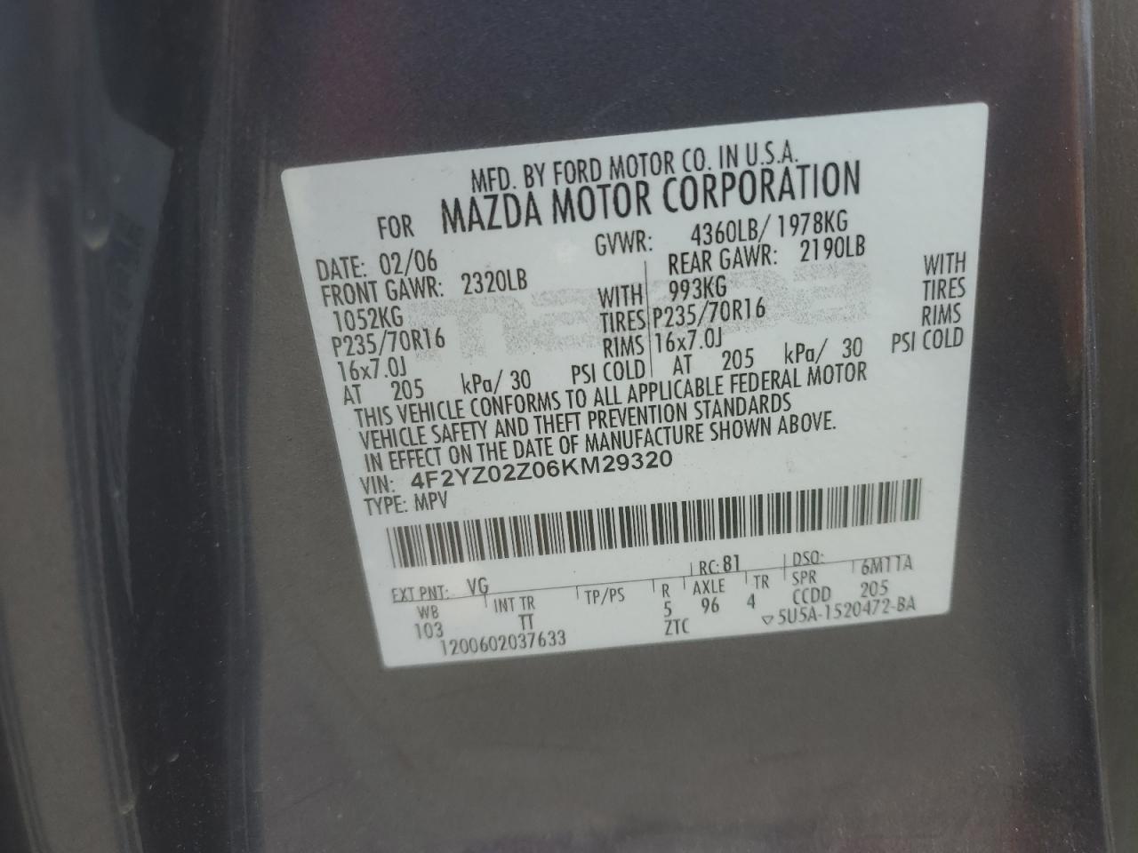 2006 Mazda Tribute I VIN: 4F2YZ02Z06KM29320 Lot: 54744735