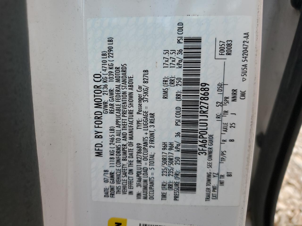 2018 Ford Fusion Se Hybrid VIN: 3FA6P0LU1JR278689 Lot: 54030725