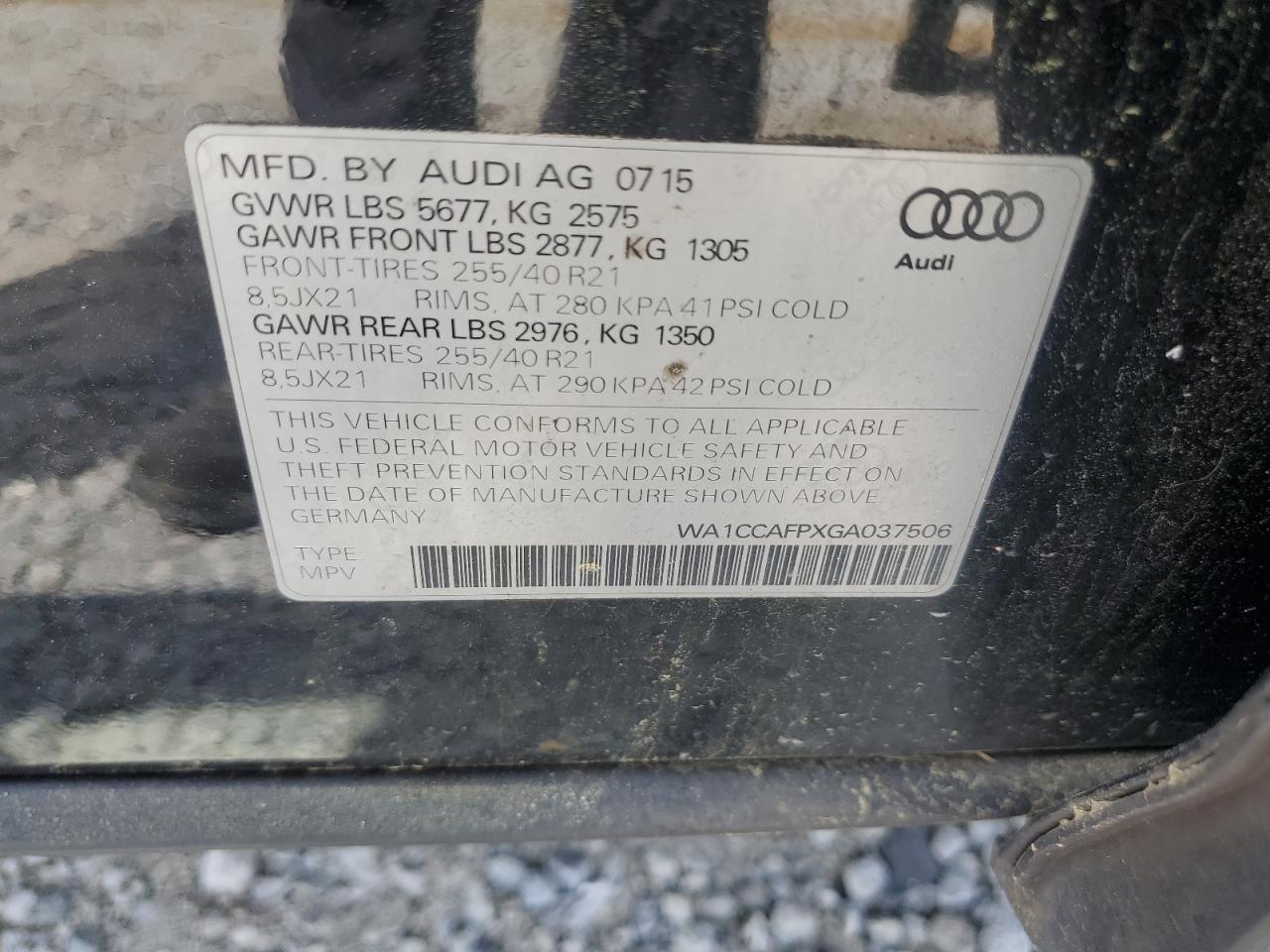 2016 Audi Sq5 Premium Plus VIN: WA1CCAFPXGA037506 Lot: 53239525