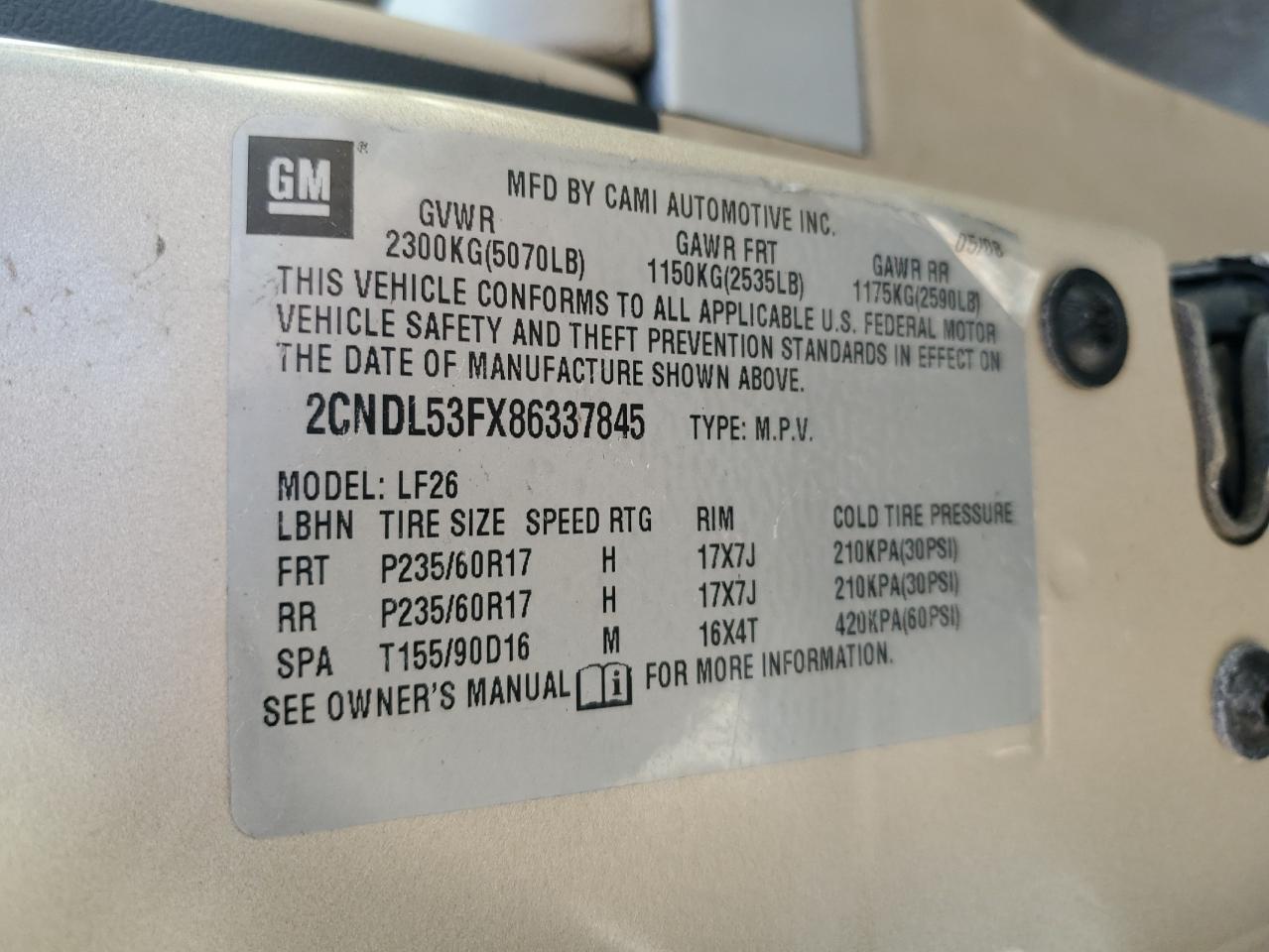 2008 Chevrolet Equinox Lt VIN: 2CNDL53FX86337845 Lot: 52552825