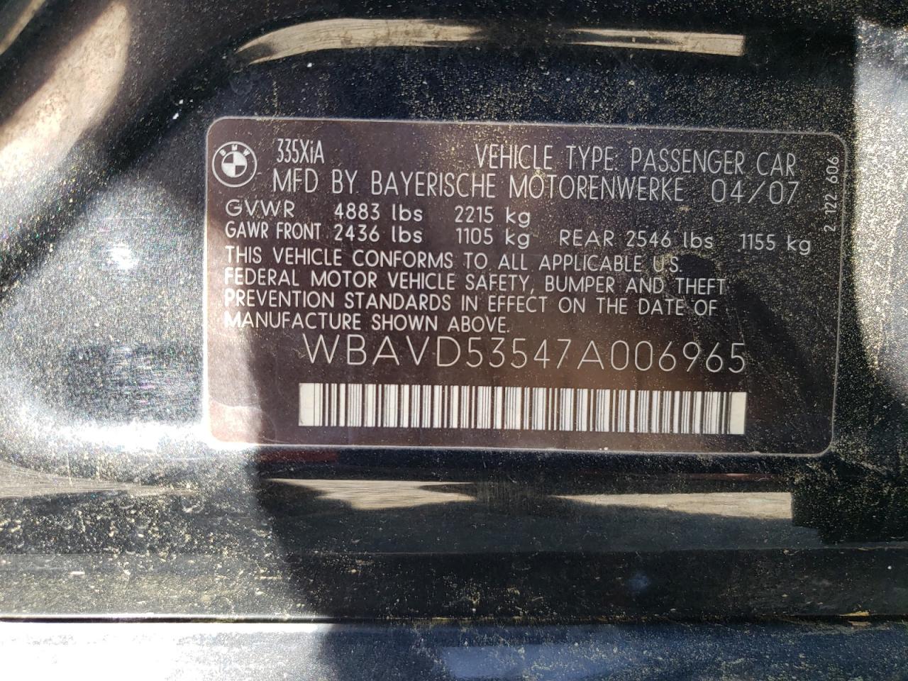 2007 BMW 335 Xi VIN: WBAVD53547A006965 Lot: 53650575