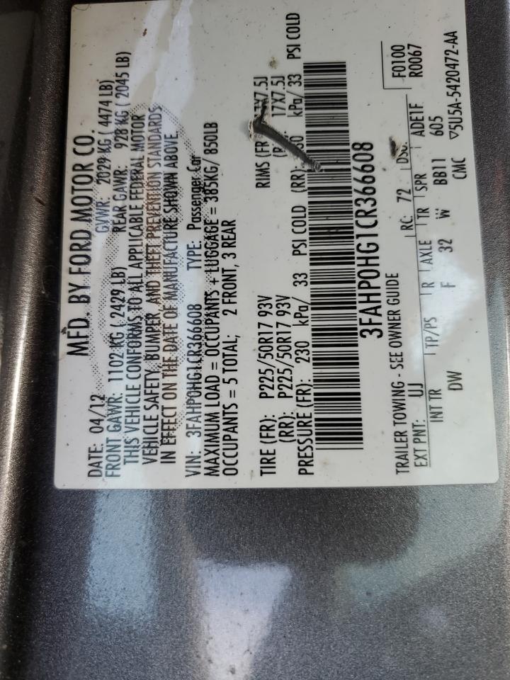 2012 Ford Fusion Se VIN: 3FAHP0HG1CR366608 Lot: 52493055