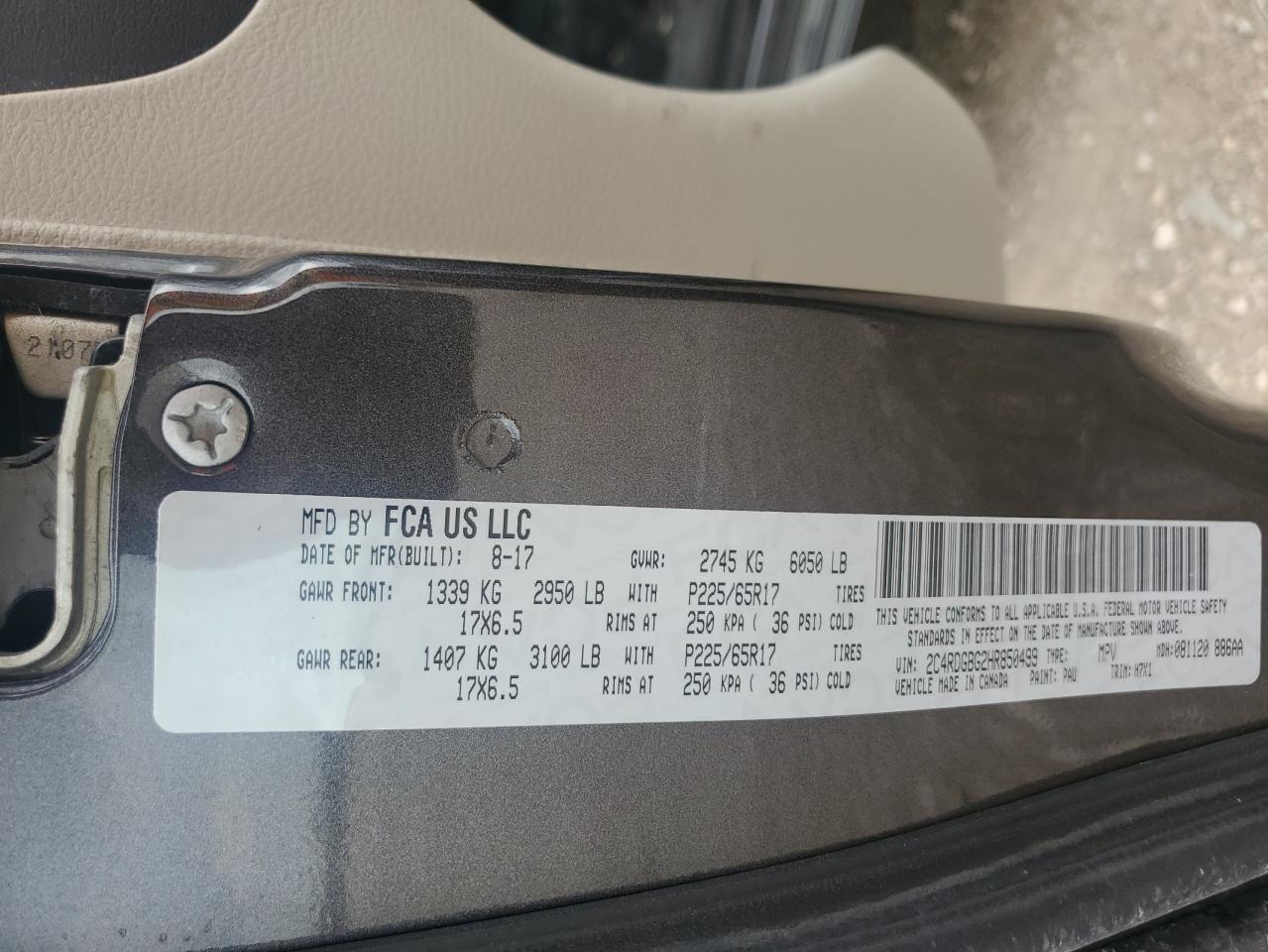 2017 Dodge Grand Caravan Se VIN: 2C4RDGBG2HR850499 Lot: 54106905