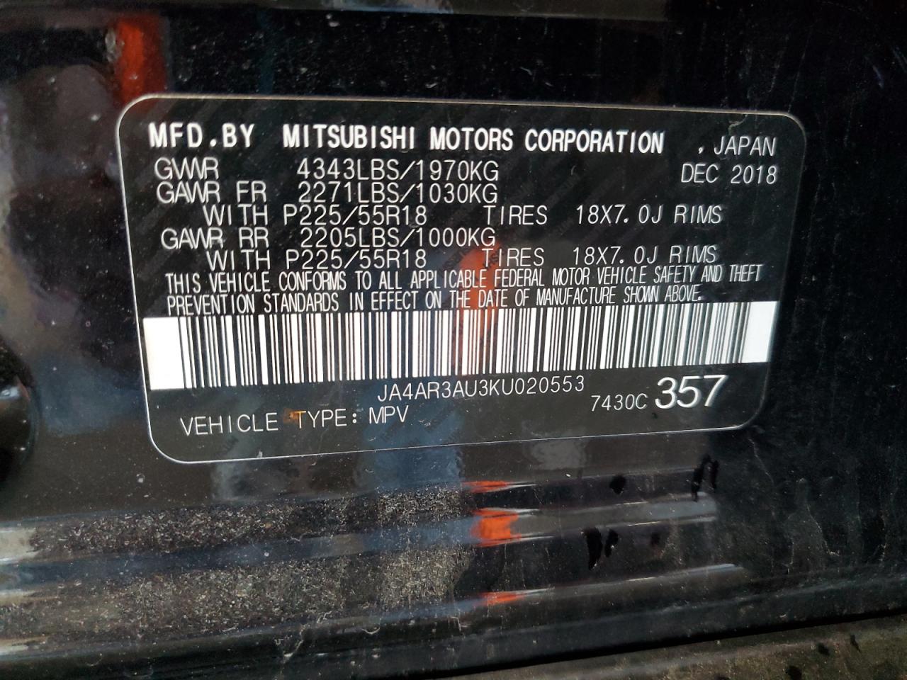 2019 Mitsubishi Outlander Sport Es VIN: JA4AR3AU3KU020553 Lot: 54668155