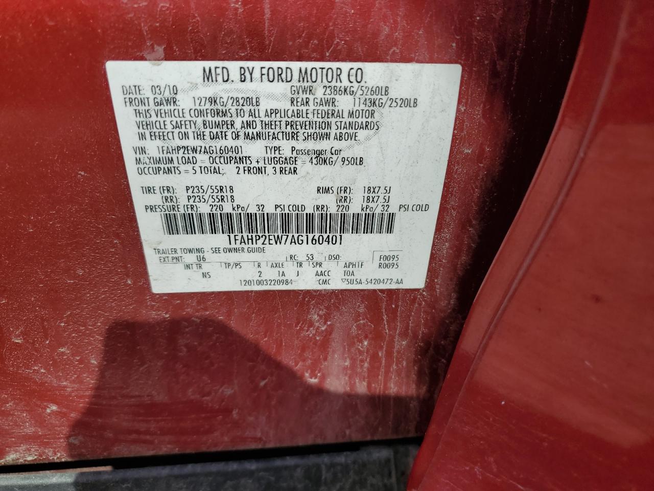 2010 Ford Taurus Sel VIN: 1FAHP2EW7AG160401 Lot: 53923005