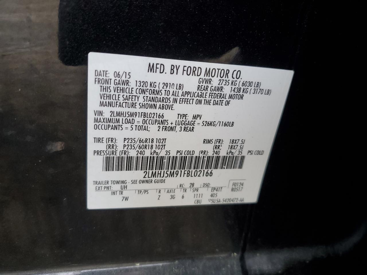 2015 Lincoln Mkt VIN: 2LMHJ5M91FBL02166 Lot: 53048935