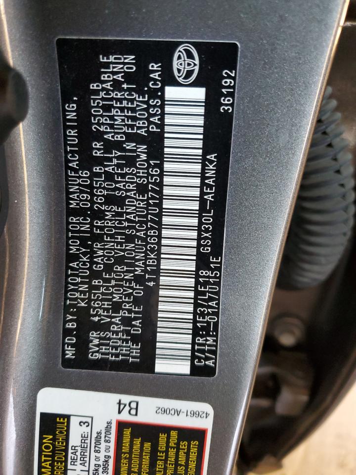 2007 Toyota Avalon Xl VIN: 4T1BK36B77U177561 Lot: 53161905