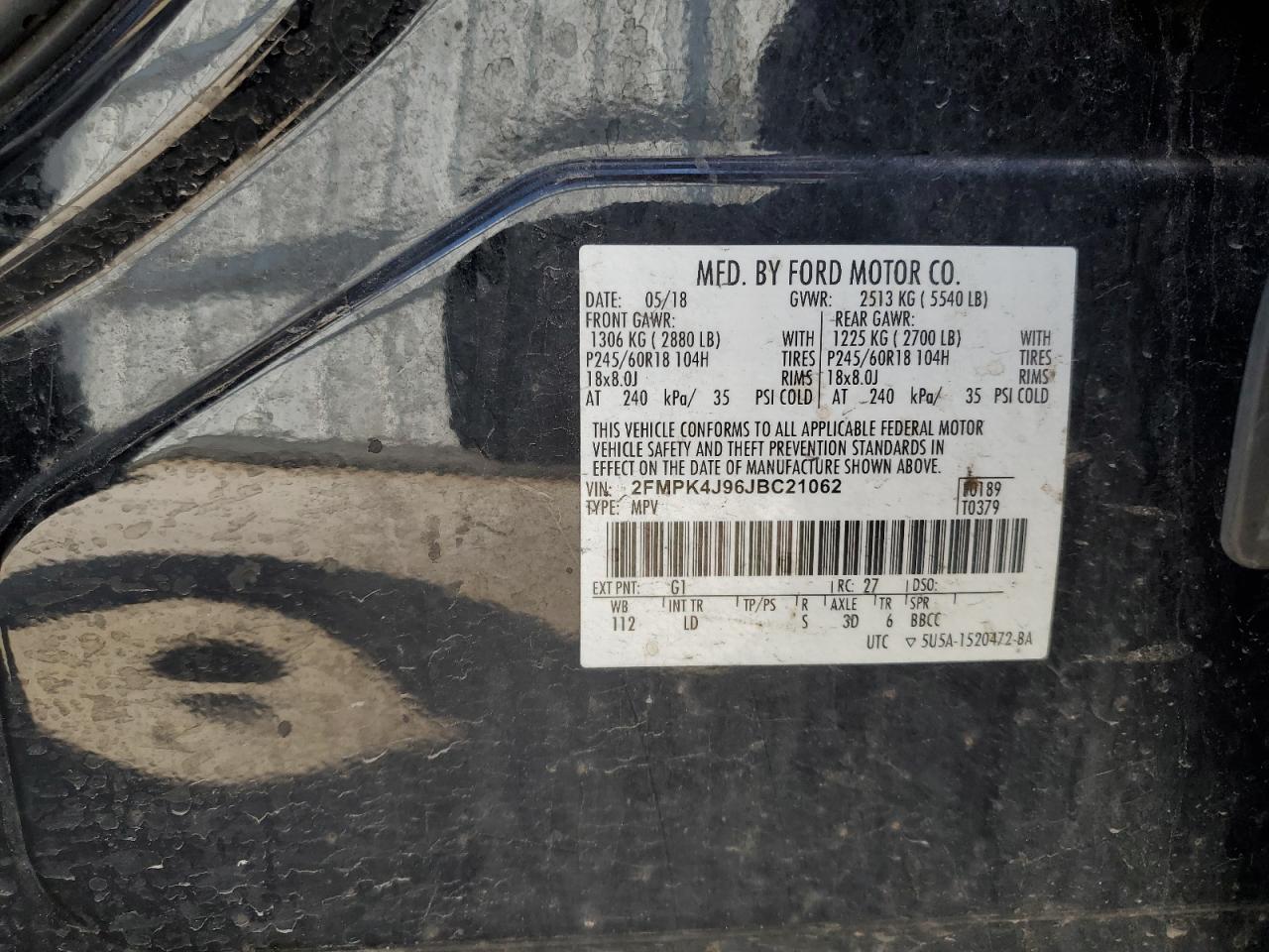 2018 Ford Edge Sel VIN: 2FMPK4J96JBC21062 Lot: 54653425