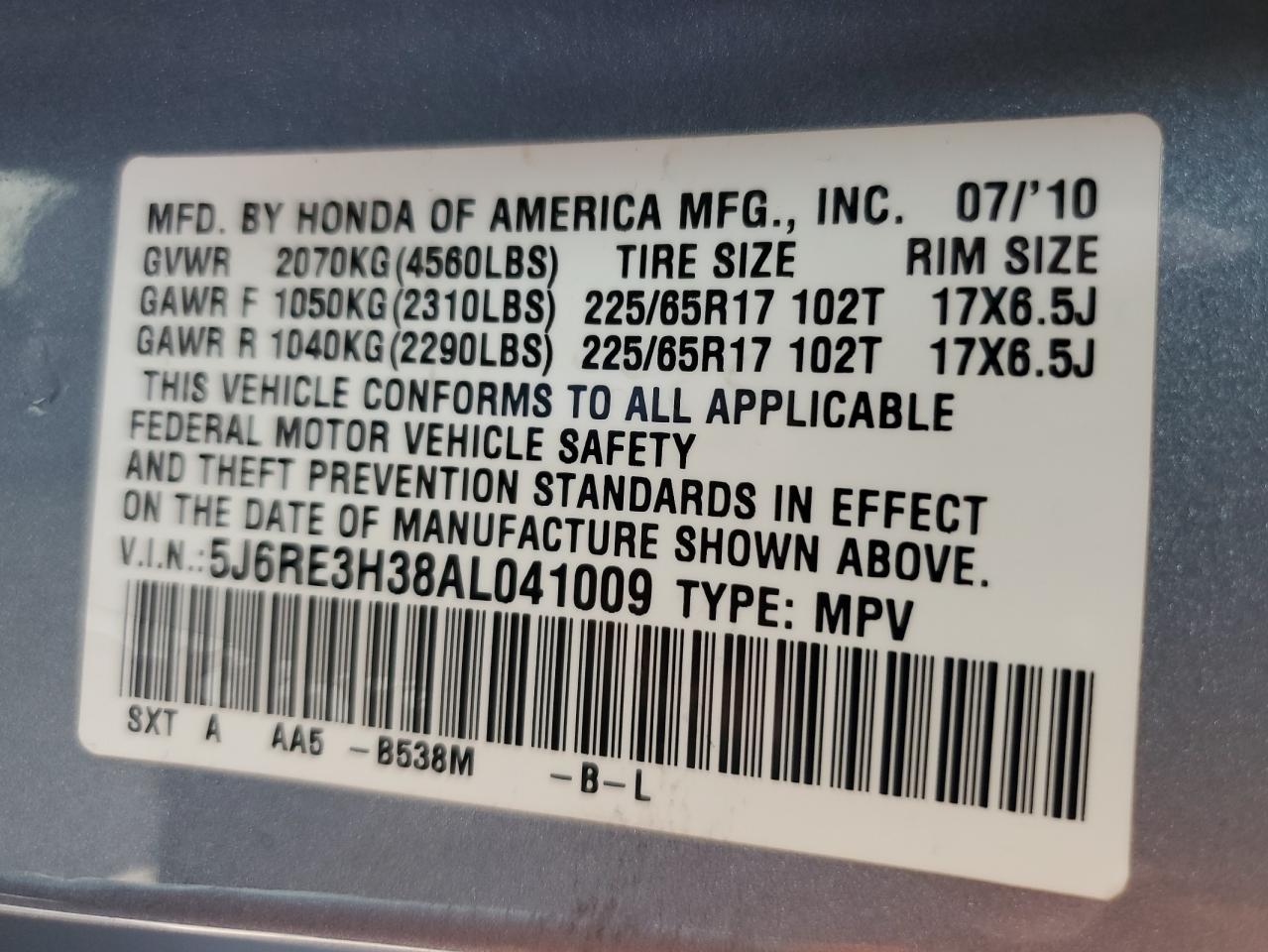 2010 Honda Cr-V Lx VIN: 5J6RE3H38AL041009 Lot: 54860395