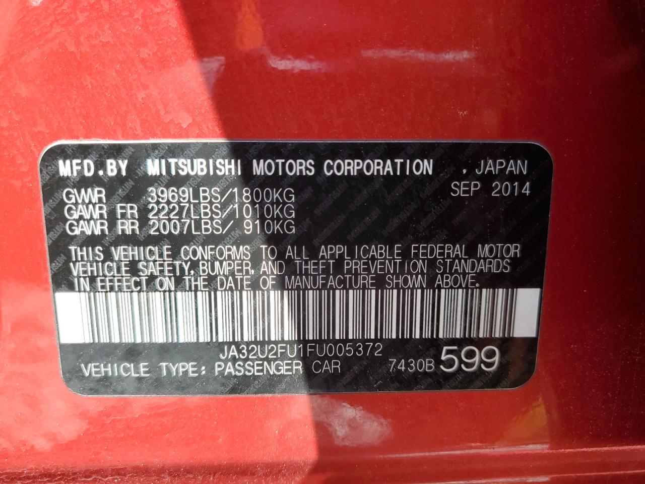 2015 Mitsubishi Lancer Es VIN: JA32U2FU1FU005372 Lot: 54728945