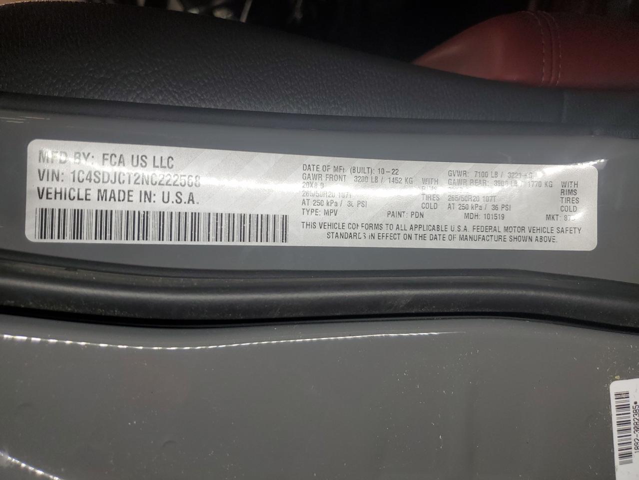 2022 Dodge Durango R/T VIN: 1C4SDJCT2NC222568 Lot: 52940515