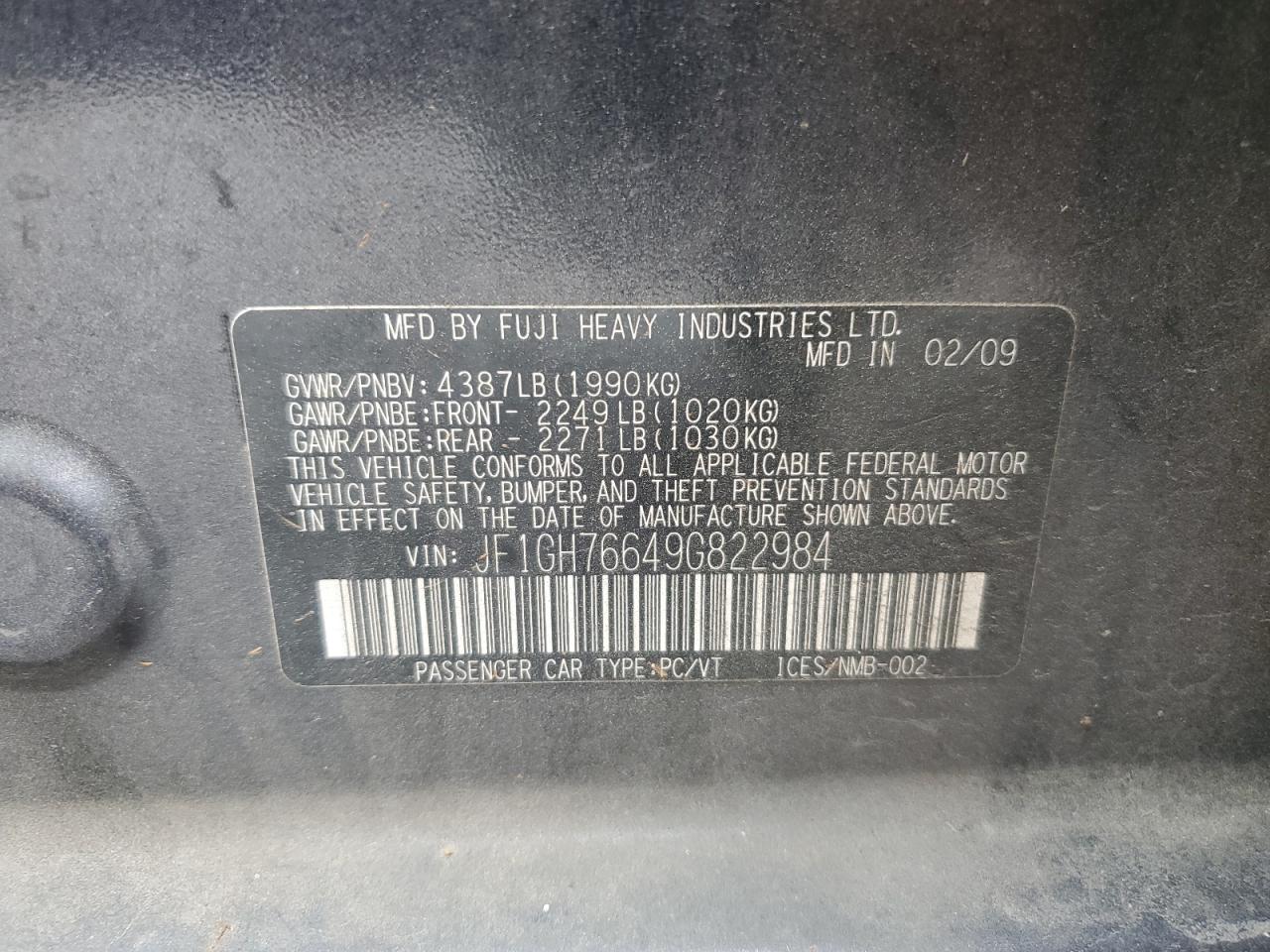 2009 Subaru Impreza Wrx VIN: JF1GH76649G822984 Lot: 54367025