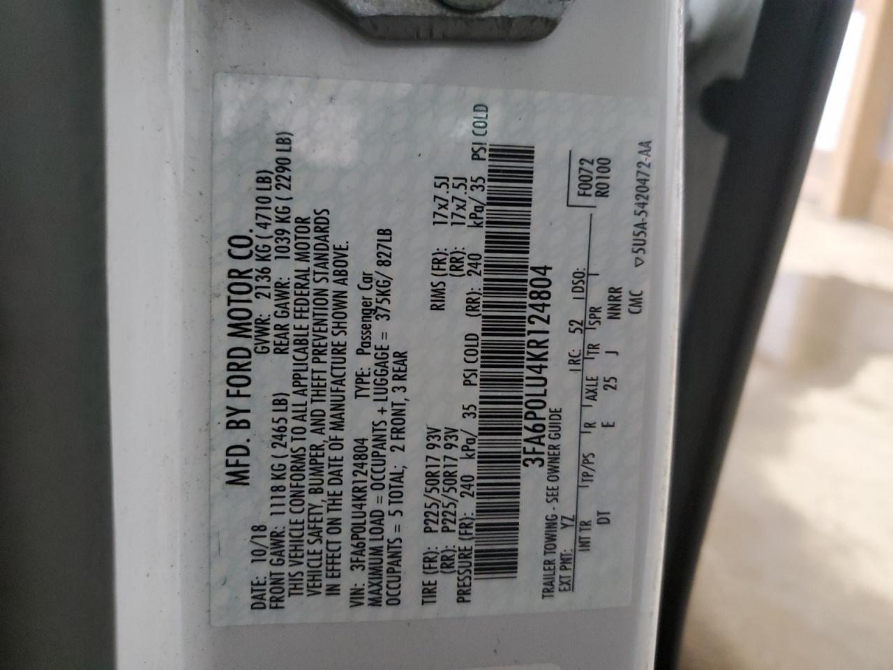 2019 Ford Fusion Se VIN: 3FA6P0LU4KR124804 Lot: 54026595