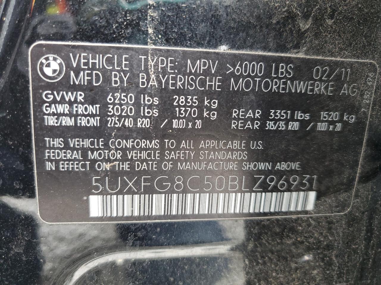 2011 BMW X6 xDrive50I VIN: 5UXFG8C50BLZ96931 Lot: 54409465