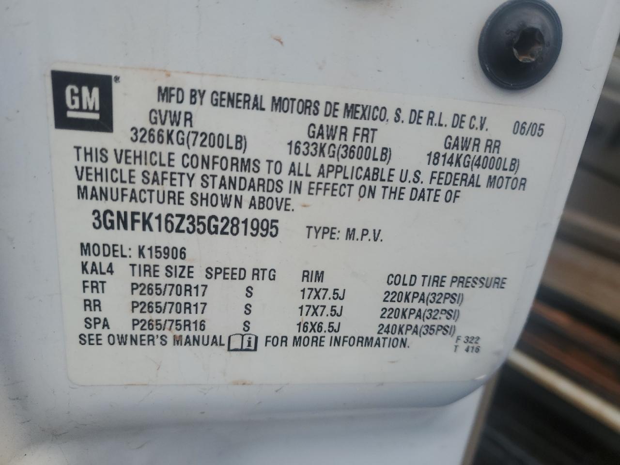 2005 Chevrolet Suburban K1500 VIN: 3GNFK16Z35G281995 Lot: 51597615