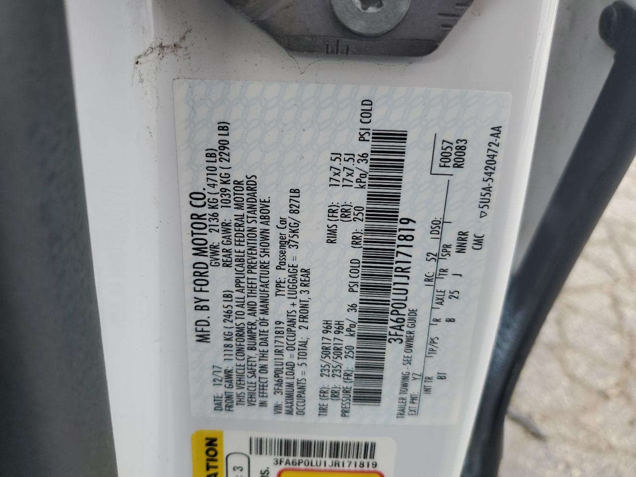 2018 Ford Fusion Se Hybrid VIN: 3FA6P0LU1JR171819 Lot: 54032355