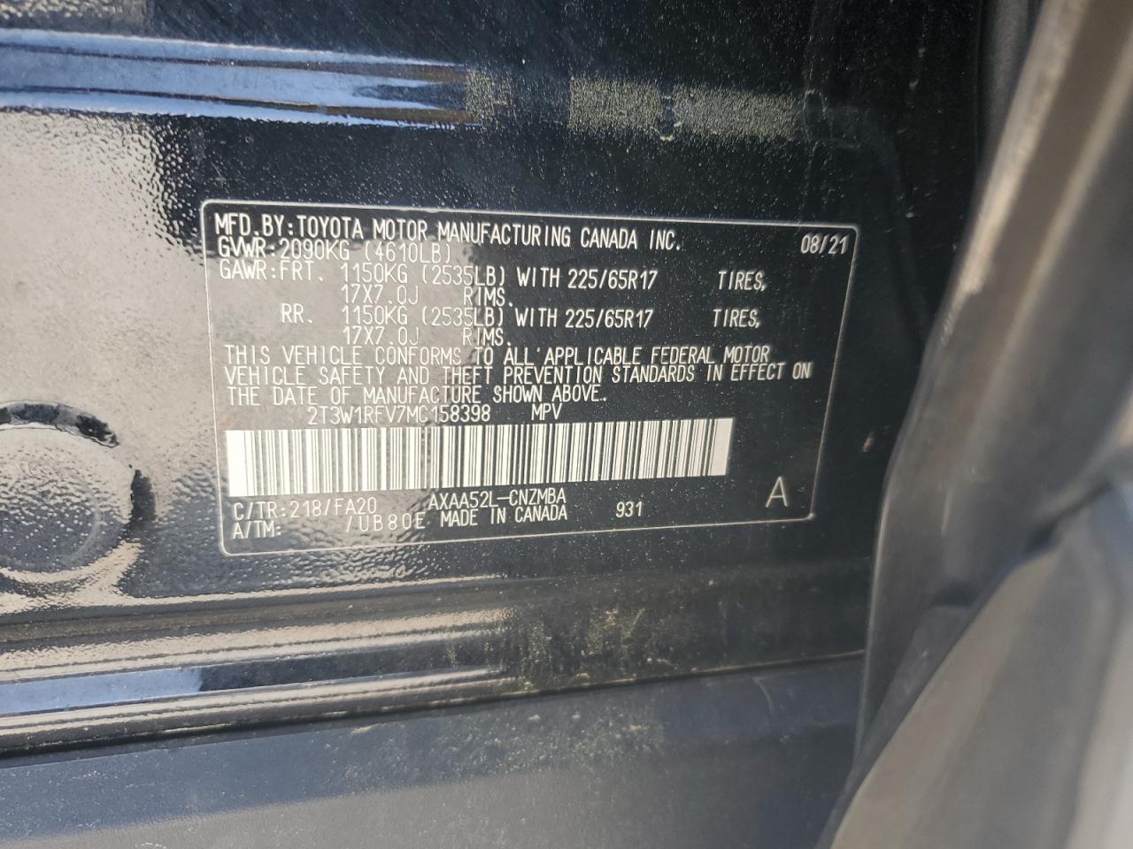 2021 Toyota Rav4 Xle VIN: 2T3W1RFV7MC158398 Lot: 55148165