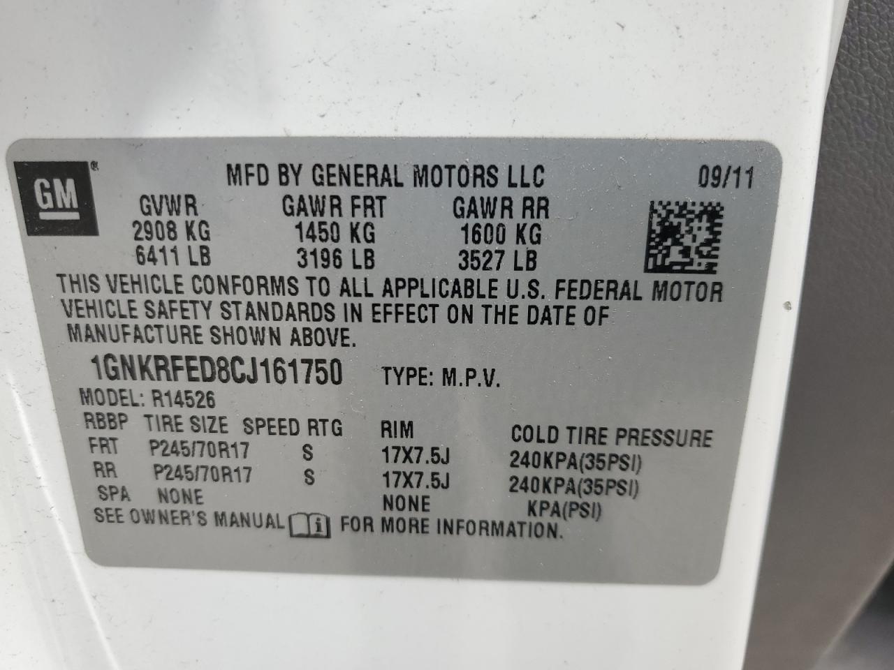 2012 Chevrolet Traverse Ls VIN: 1GNKRFED8CJ161750 Lot: 53997215