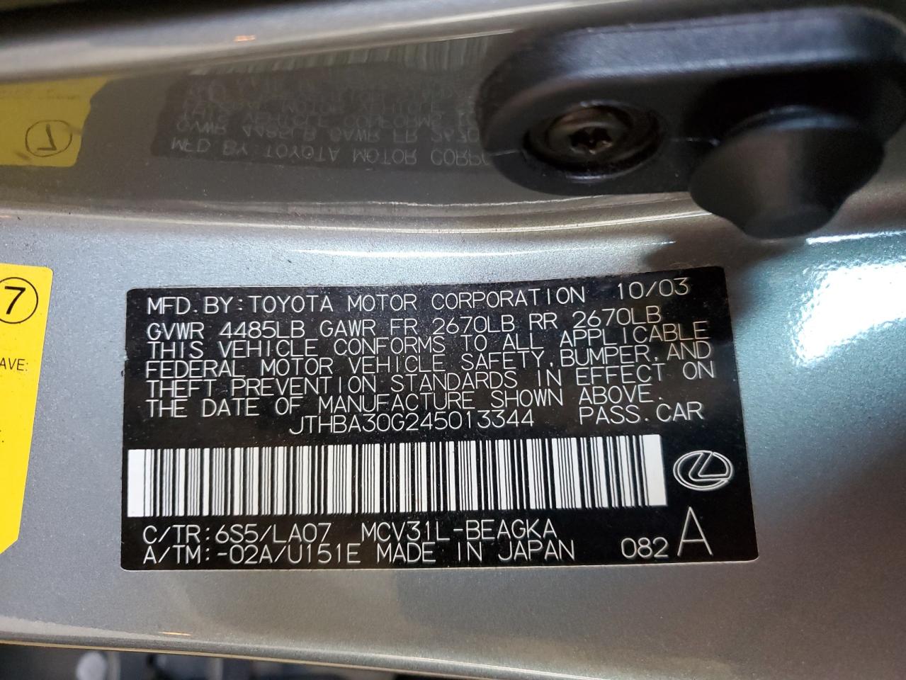 2004 Lexus Es 330 VIN: JTHBA30G245013344 Lot: 52094055