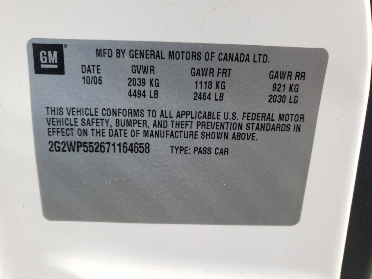 2007 Pontiac Grand Prix VIN: 2G2WP552671164658 Lot: 52743385