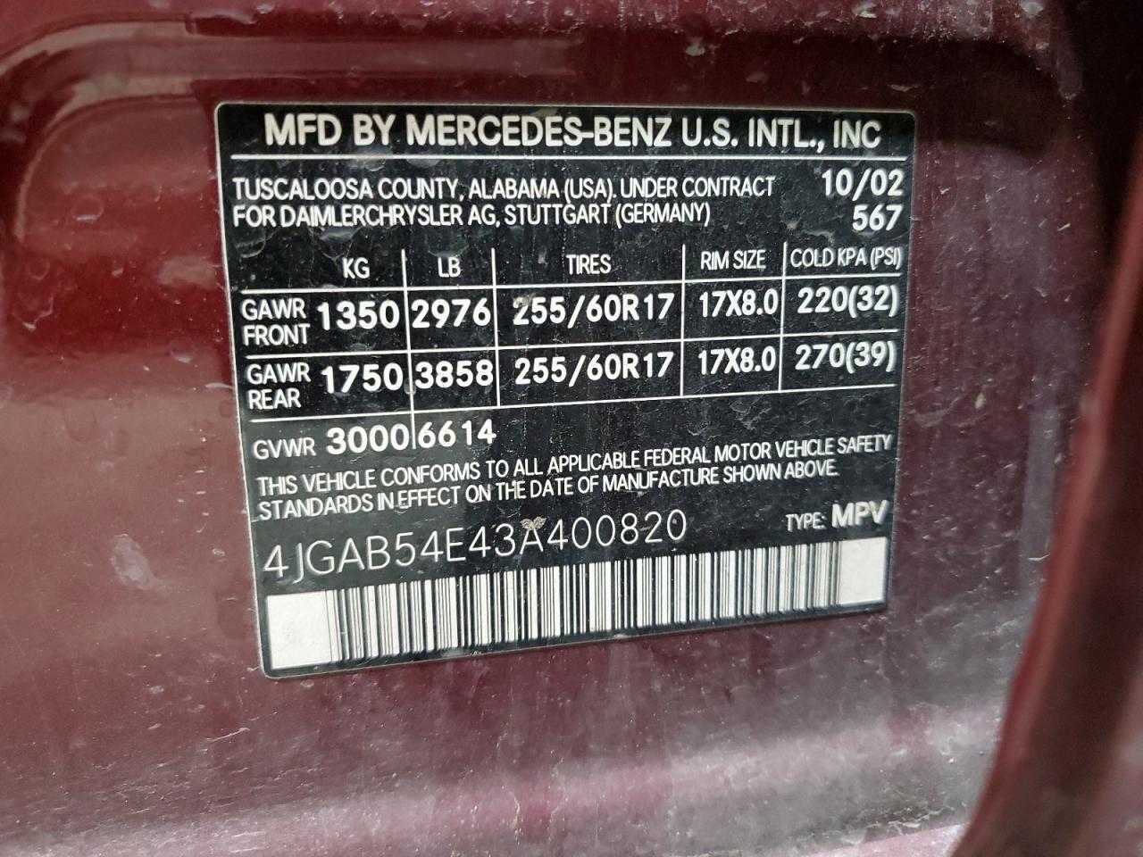 2003 Mercedes-Benz Ml 320 VIN: 4JGAB54E43A400820 Lot: 54616725