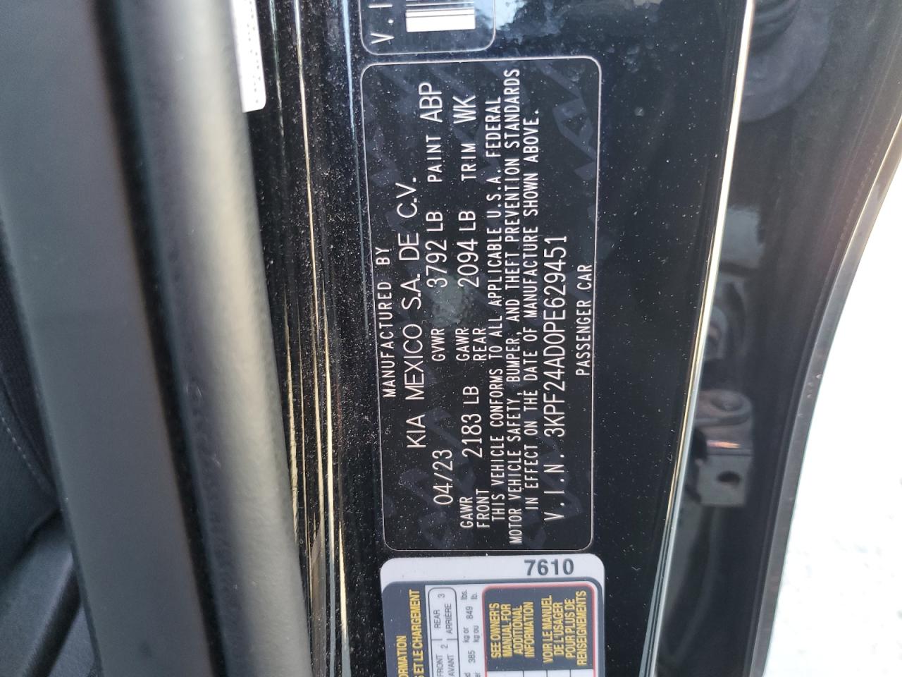 2023 Kia Forte Lx VIN: 3KPF24AD0PE629451 Lot: 52127255