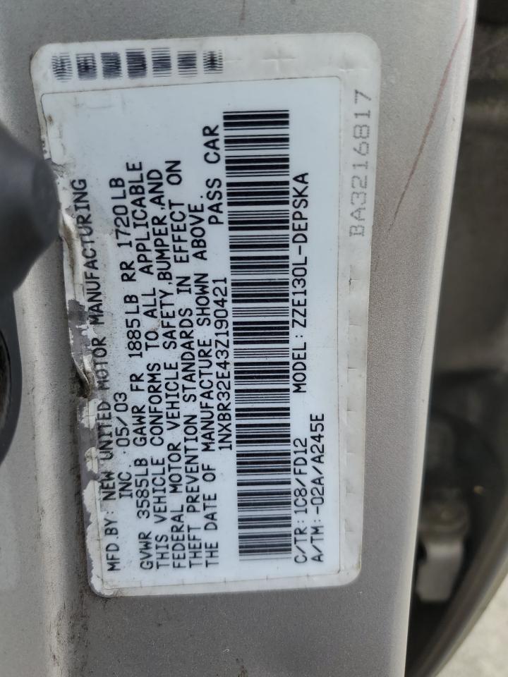 2003 Toyota Corolla Ce VIN: 1NXBR32E43Z190421 Lot: 54622655