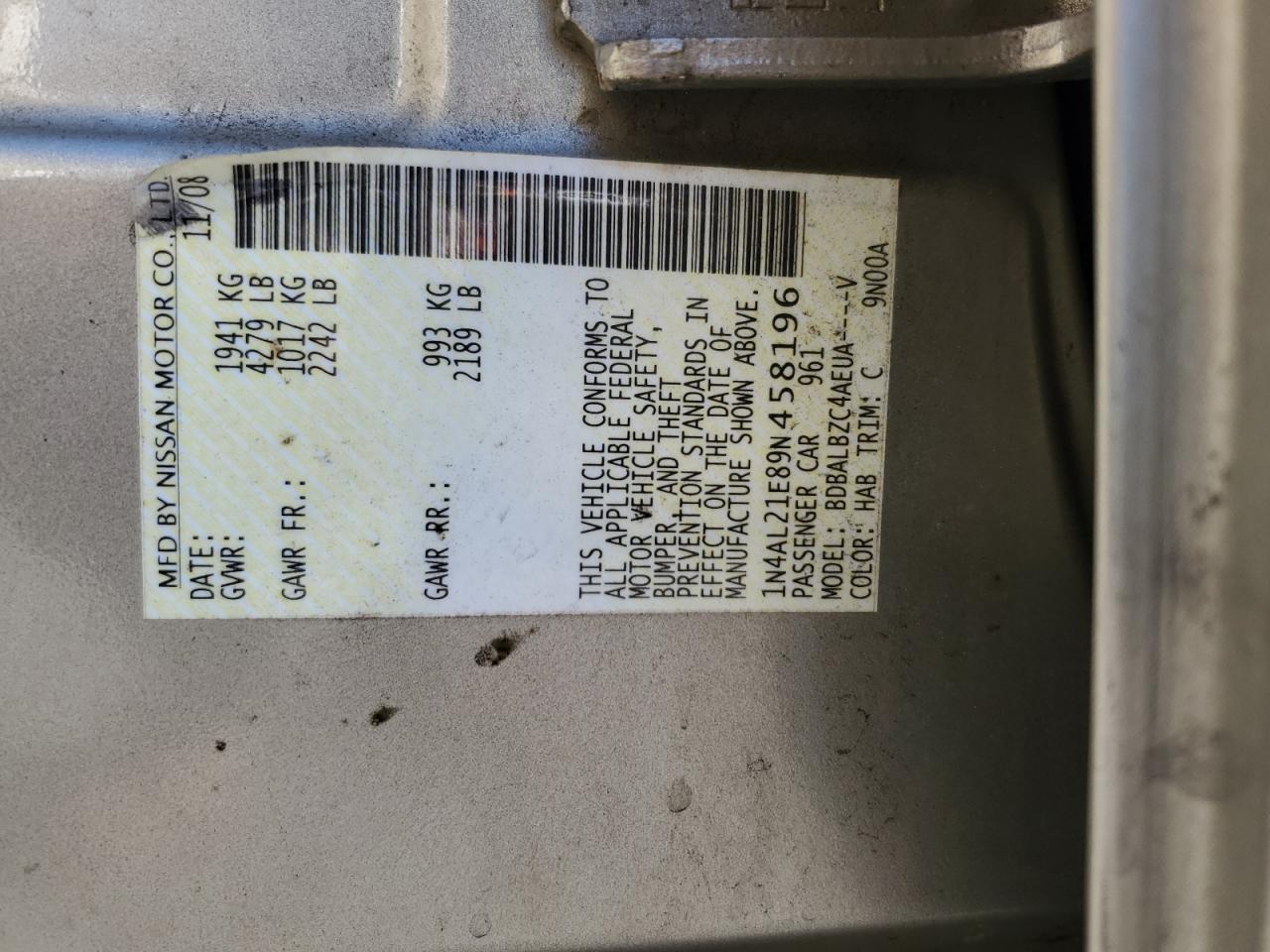 2009 Nissan Altima 2.5 VIN: 1N4AL21E89N458196 Lot: 65507125