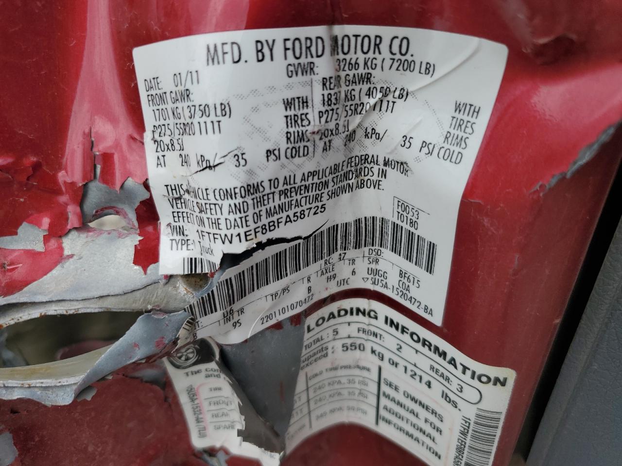 2011 Ford F150 Supercrew VIN: 1FTFW1EF8BFA58725 Lot: 54349485