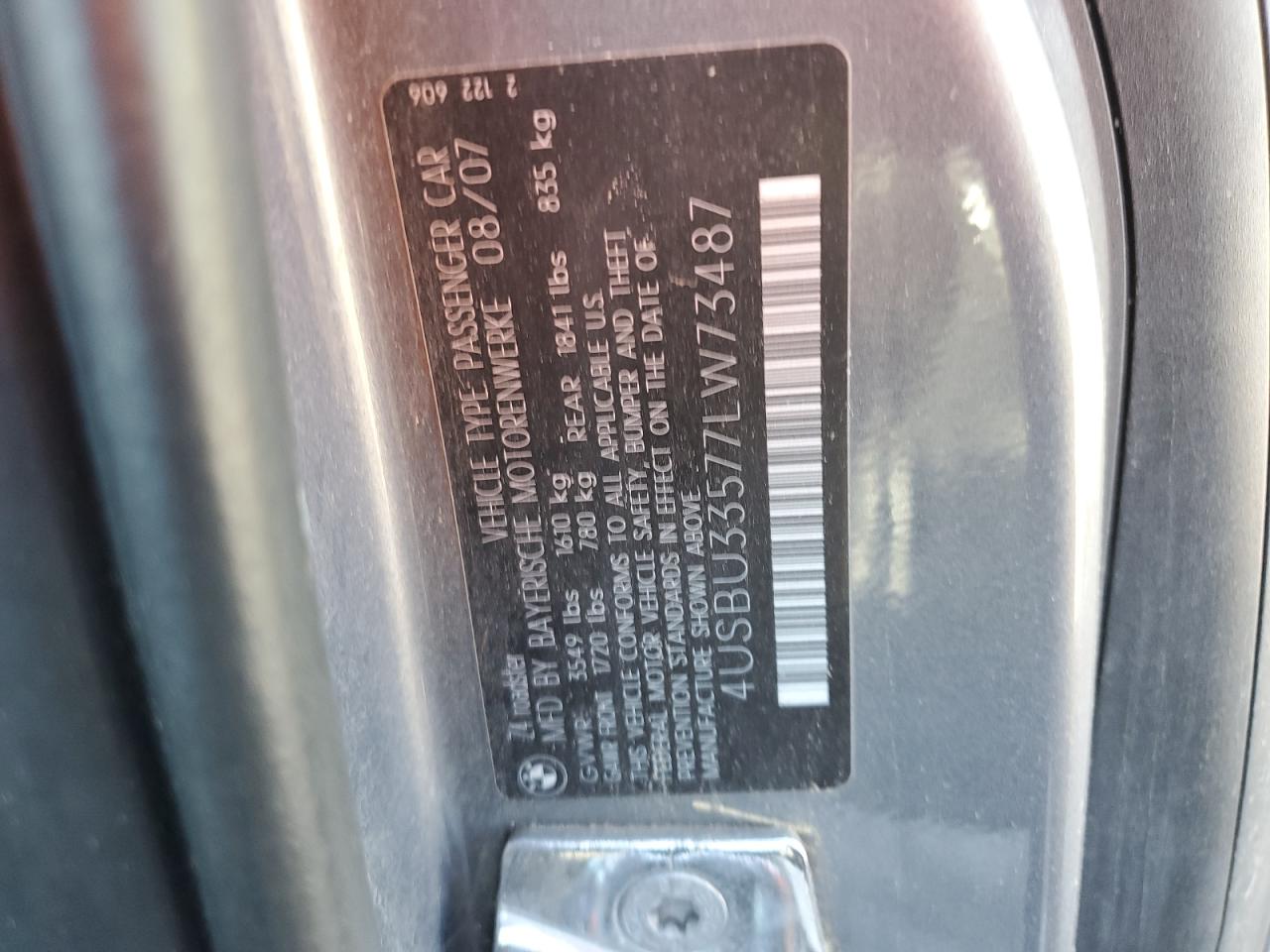 2007 BMW Z4 3.0 VIN: 4USBU33577LW73487 Lot: 54778025