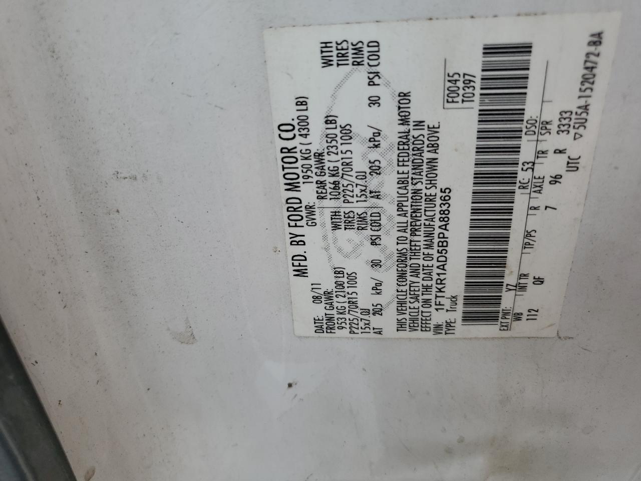 2011 Ford Ranger VIN: 1FTKR1AD5BPA88365 Lot: 51702145