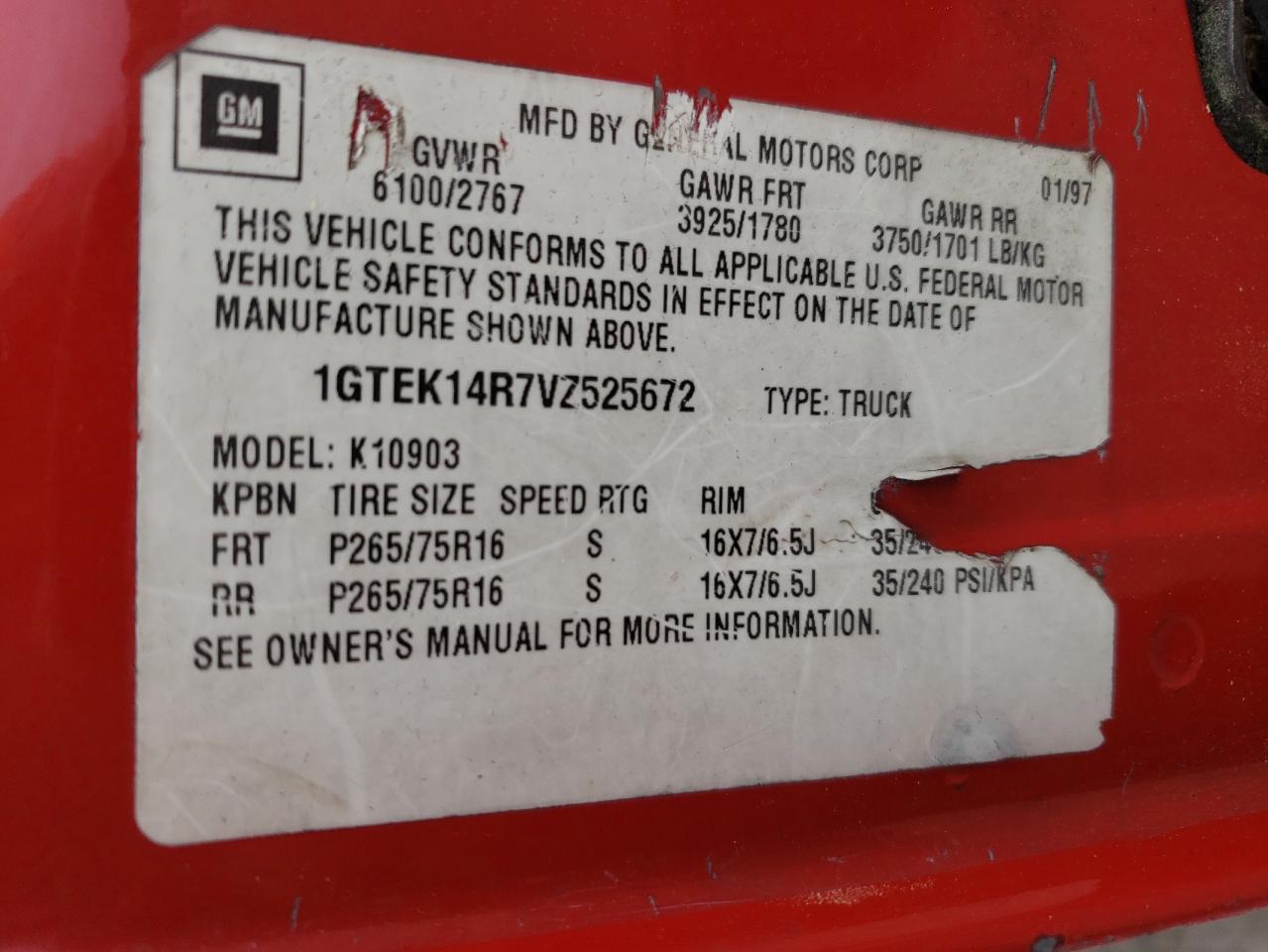 1997 GMC Sierra K1500 VIN: 1GTEK14R7VZ525672 Lot: 51642335