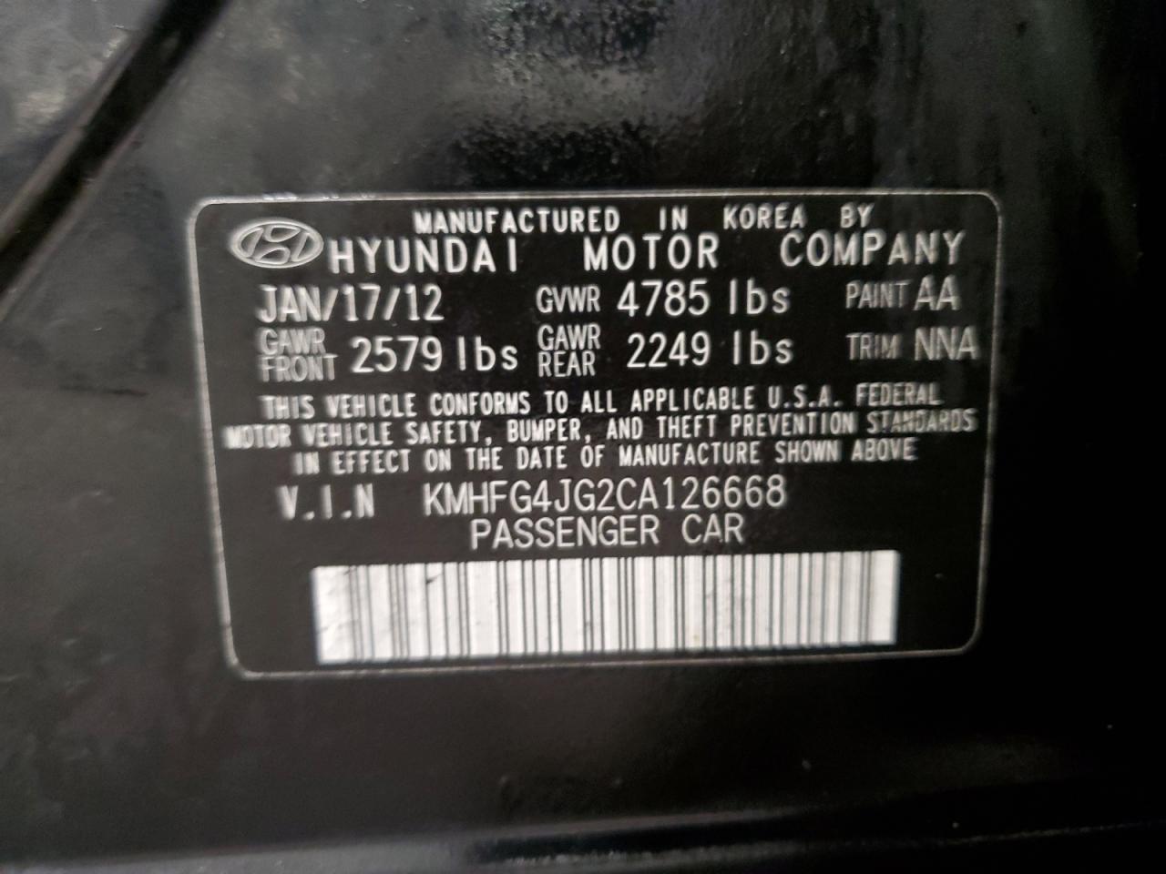 2012 Hyundai Azera Gls VIN: KMHFG4JG2CA126668 Lot: 55026135
