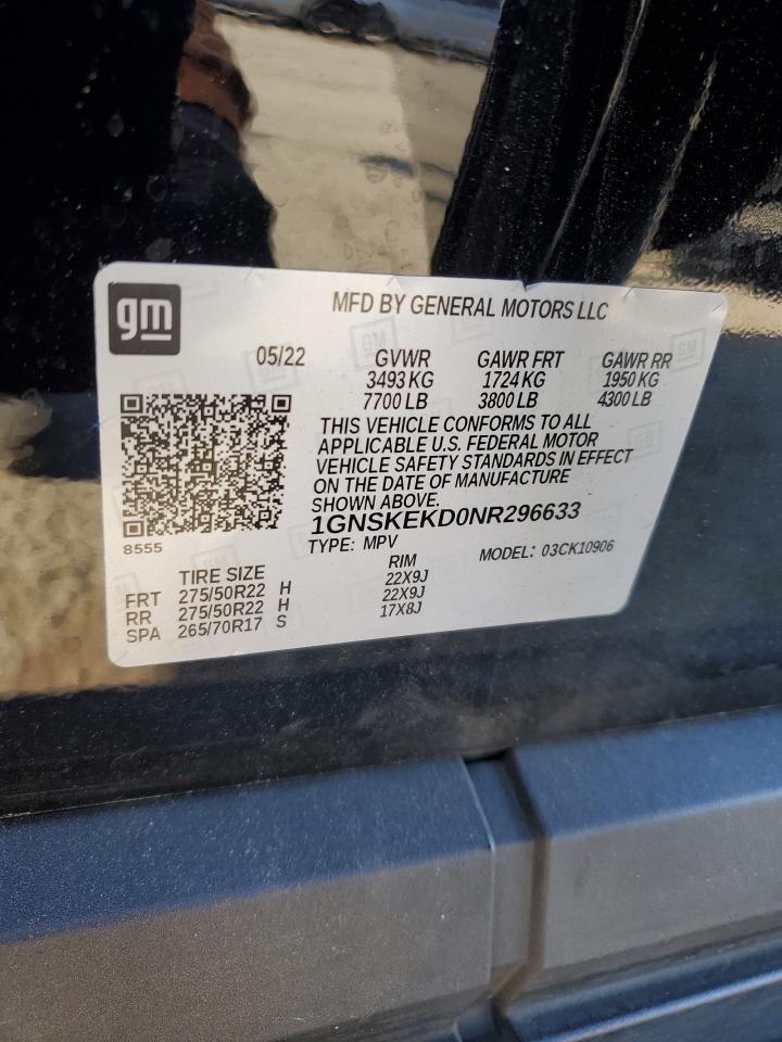 2022 Chevrolet Suburban K1500 Rst VIN: 1GNSKEKD0NR296633 Lot: 54446415