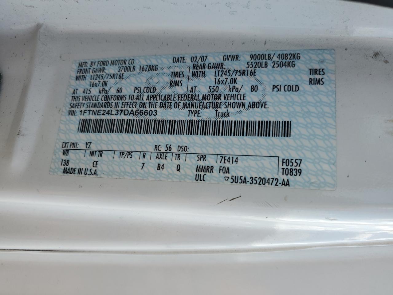 2007 Ford Econoline E250 Van VIN: 1FTNE24L37DA66603 Lot: 52681825