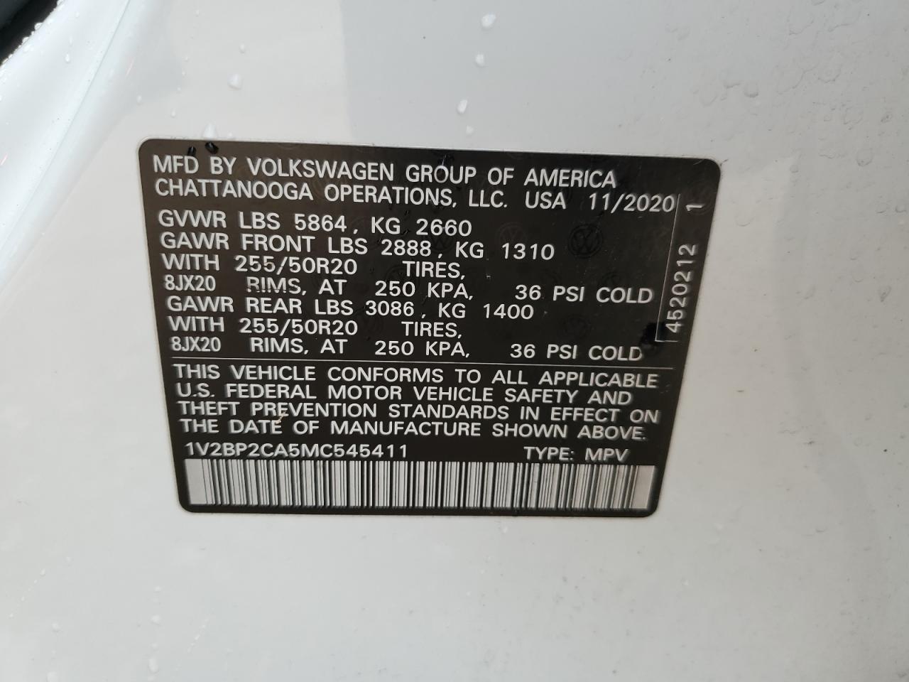 2021 Volkswagen Atlas Sel VIN: 1V2BP2CA5MC545411 Lot: 54164325