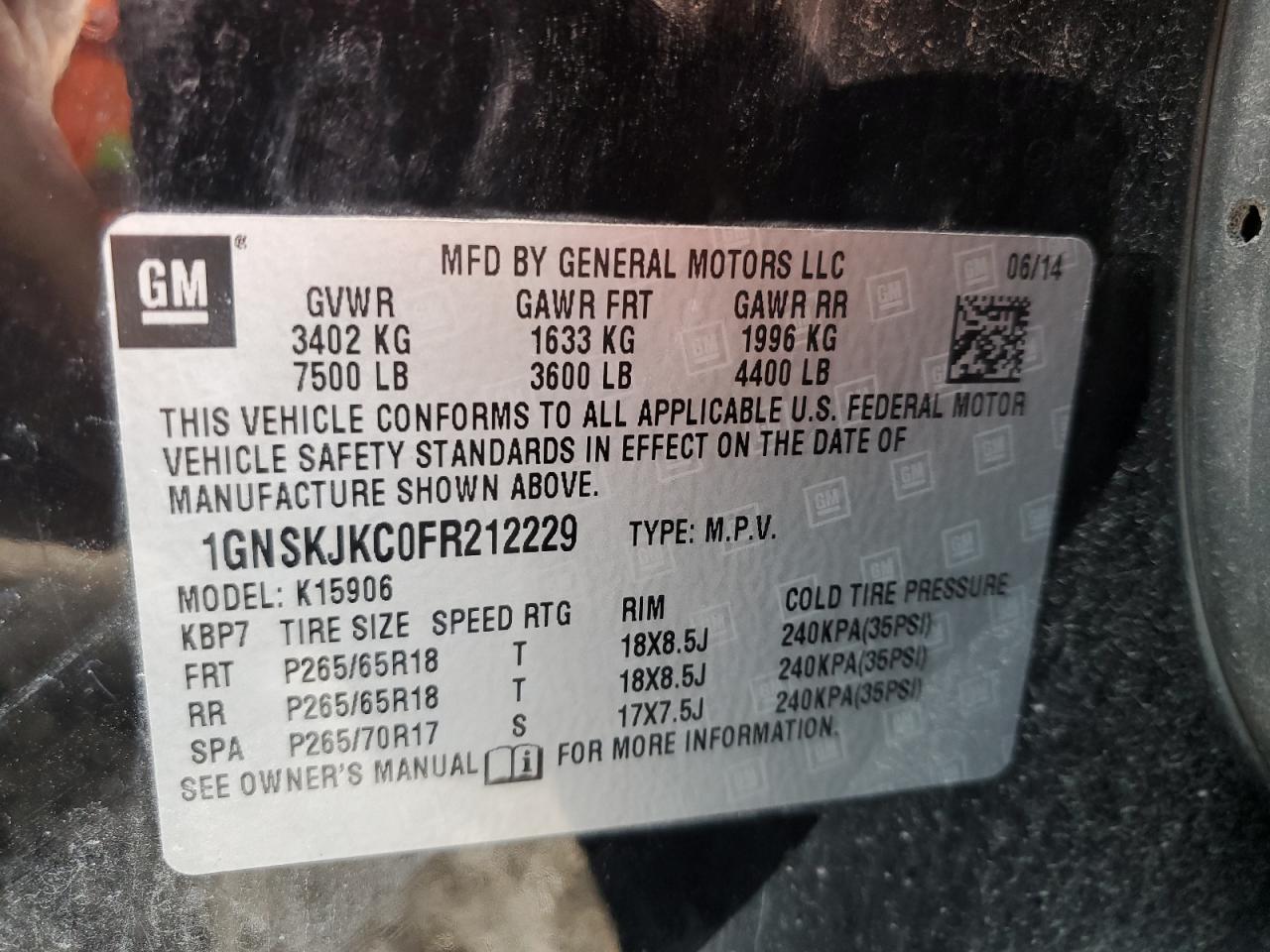 2015 Chevrolet Suburban K1500 Lt VIN: 1GNSKJKC0FR212229 Lot: 51503985