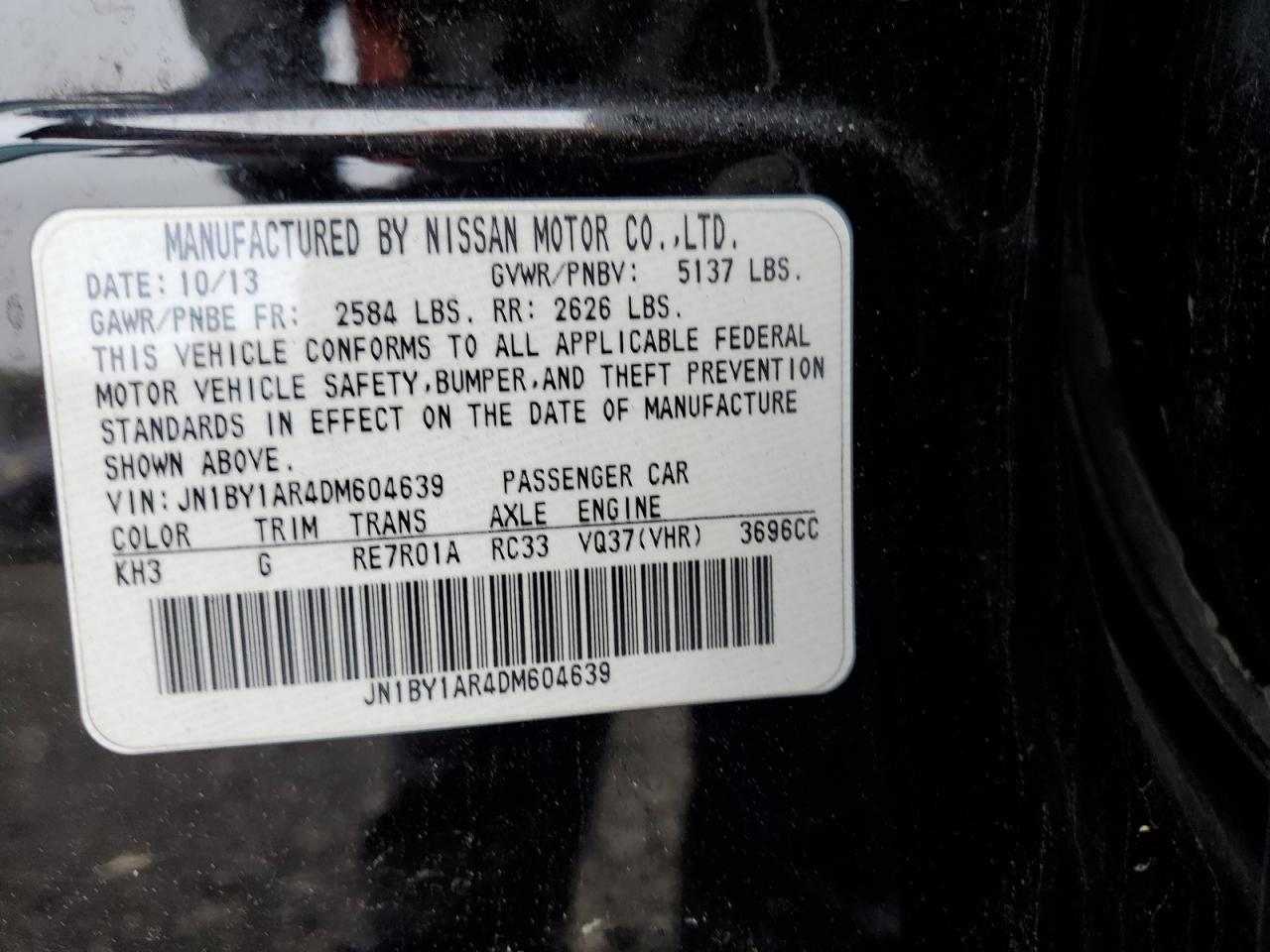 2013 Infiniti M37 X VIN: JN1BY1AR4DM604639 Lot: 51785105