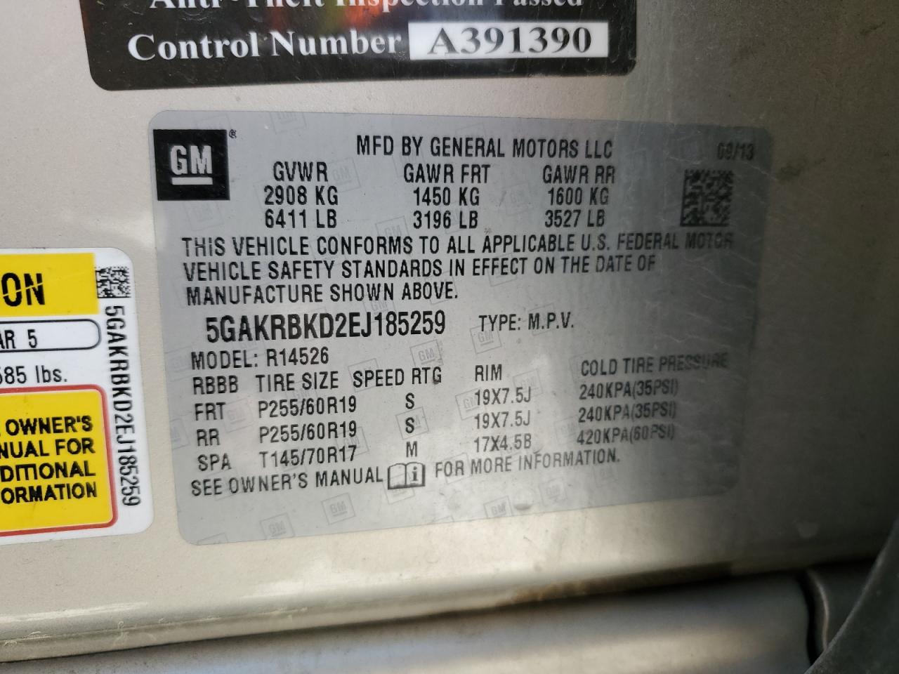 2014 Buick Enclave VIN: 5GAKRBKD2EJ185259 Lot: 52115005