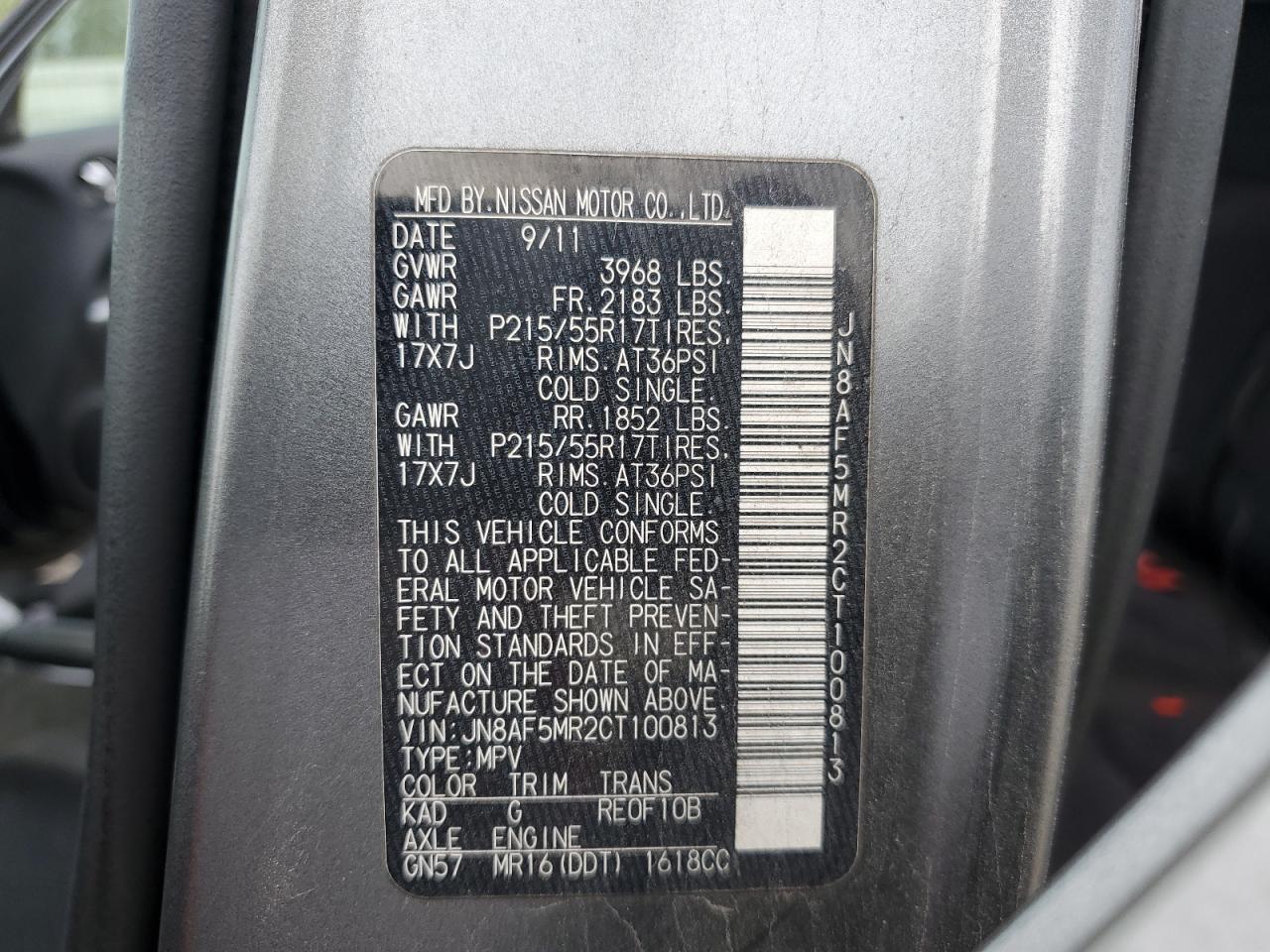 2012 Nissan Juke S VIN: JN8AF5MR2CT100813 Lot: 54893655