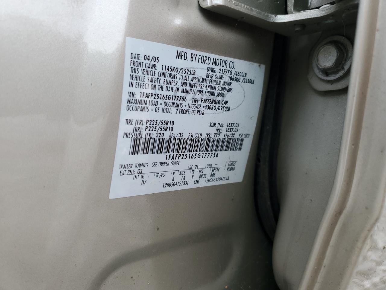 2005 Ford Five Hundred Limited VIN: 1FAFP25165G177756 Lot: 54862685