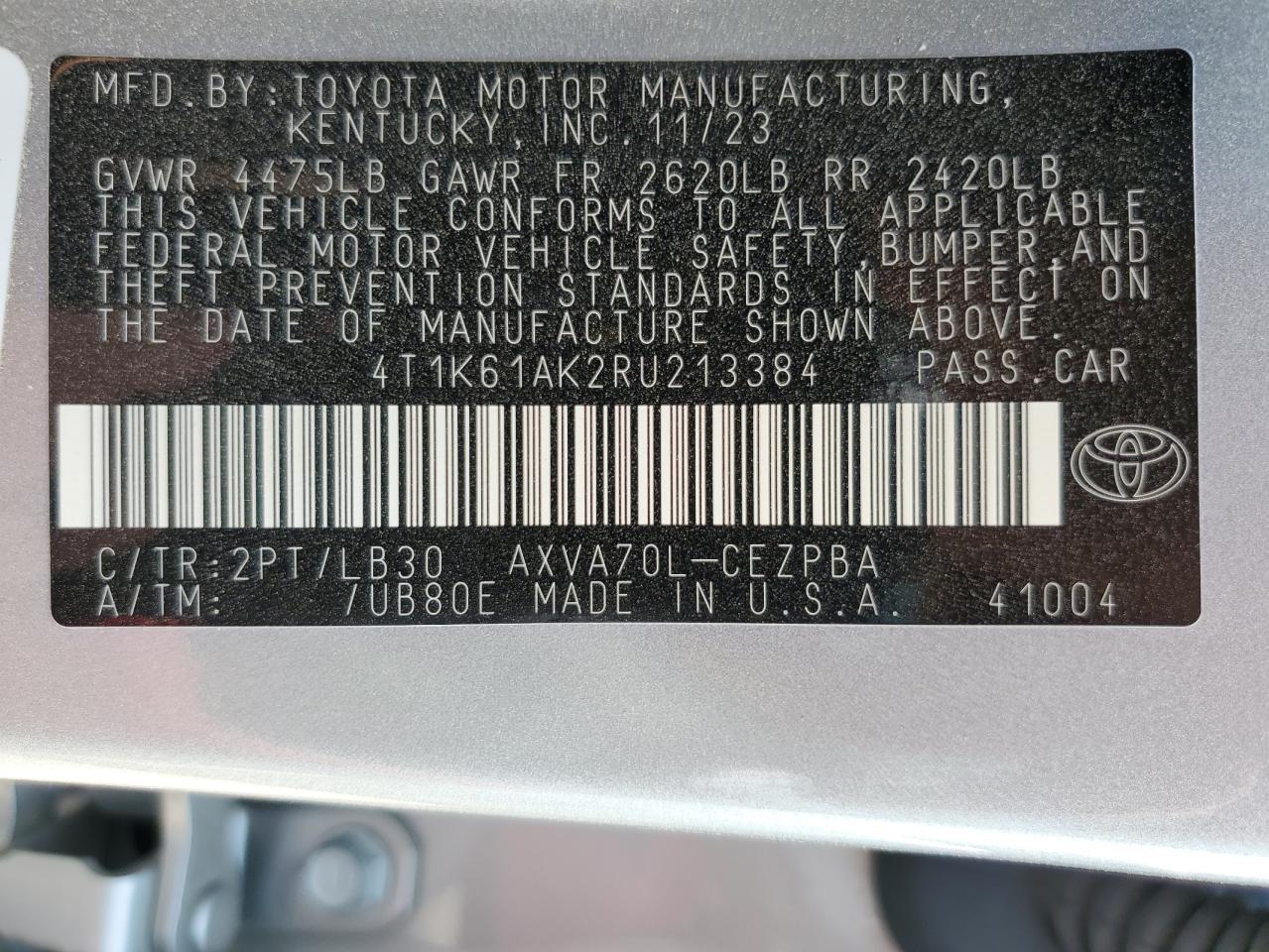 2024 Toyota Camry Xse VIN: 4T1K61AK2RU213384 Lot: 55350405