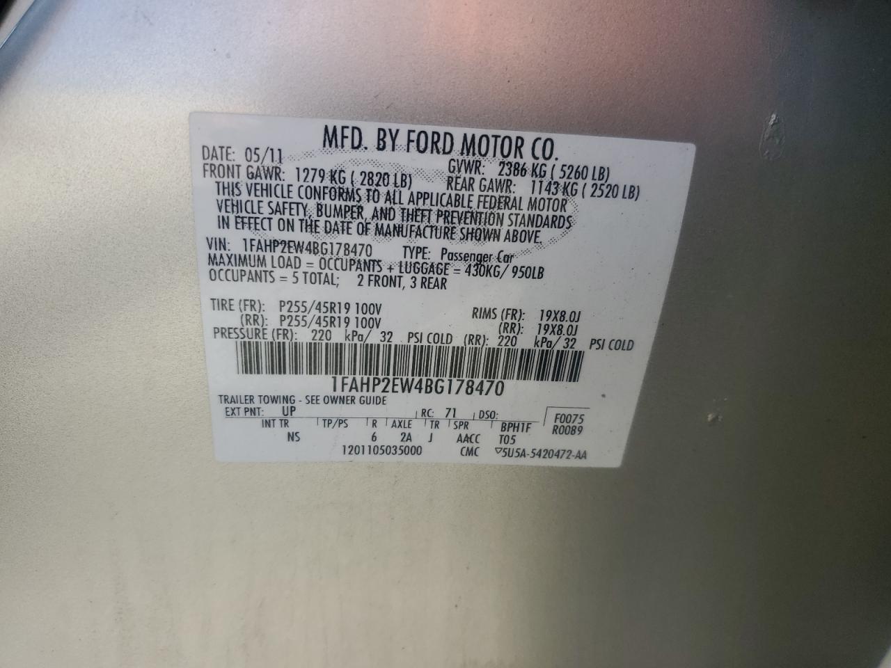 2011 Ford Taurus Sel VIN: 1FAHP2EW4BC178470 Lot: 51095935