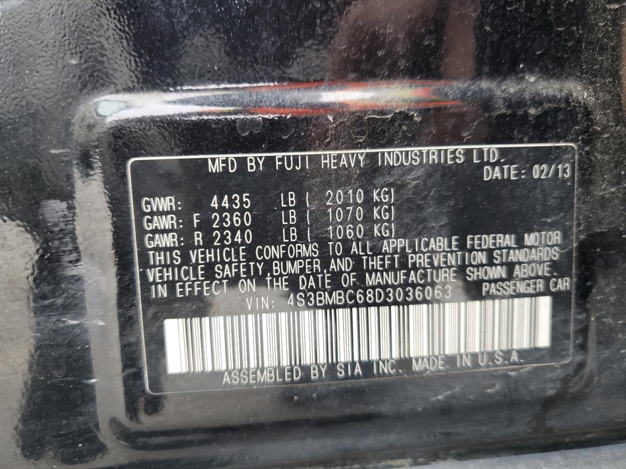 2013 Subaru Legacy 2.5I Premium VIN: 4S3BMBC68D3036063 Lot: 54409165
