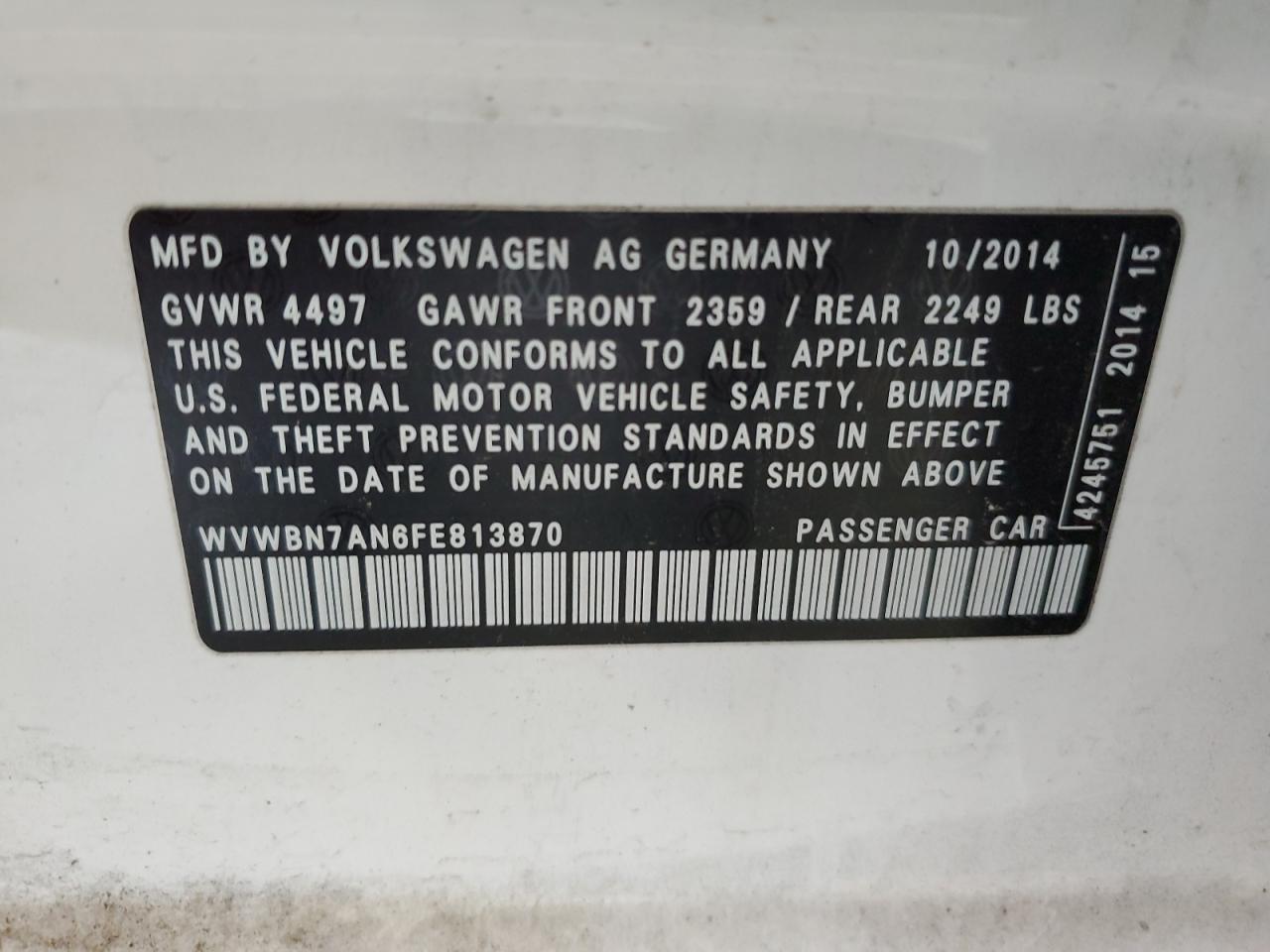 2015 Volkswagen Cc Sport VIN: WVWBN7AN6FE813870 Lot: 52073215