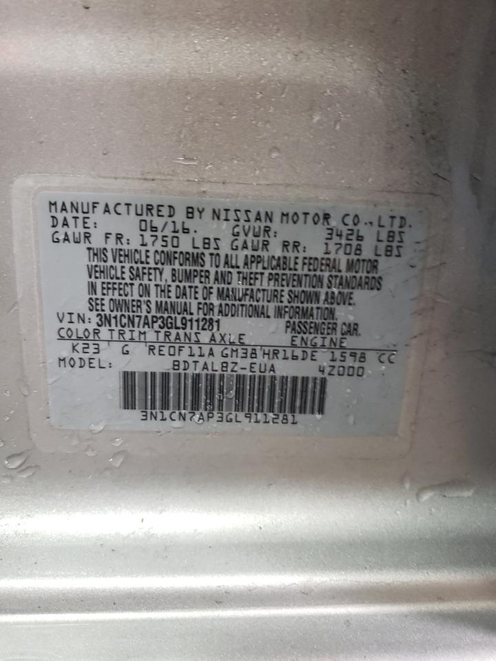 2016 Nissan Versa S VIN: 3N1CN7AP3GL911281 Lot: 51590115