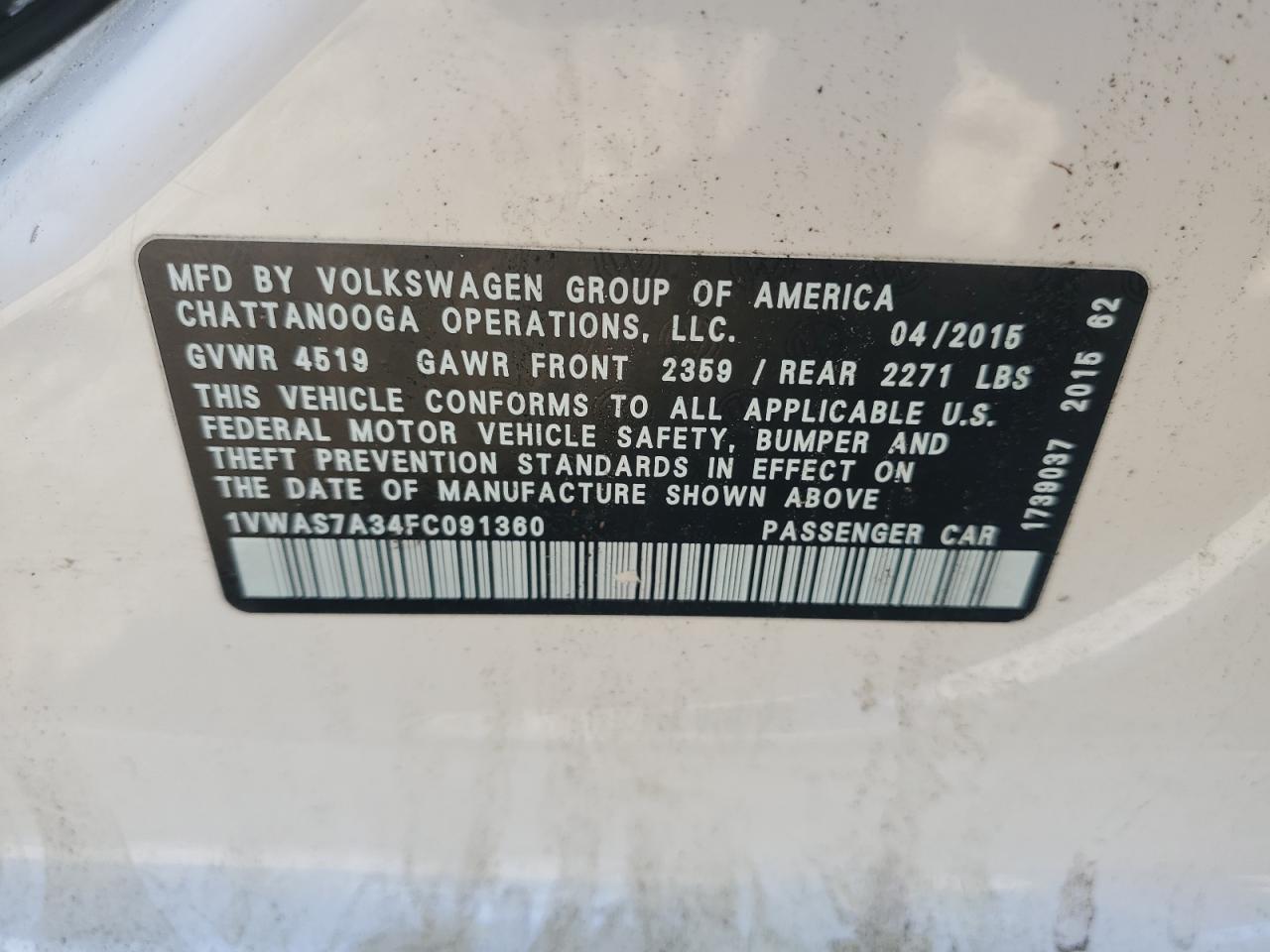 2015 Volkswagen Passat S VIN: 1VWAS7A34FC091360 Lot: 69003885