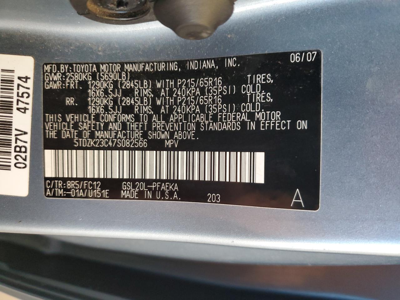 2007 Toyota Sienna Ce VIN: 5TDZK23C47S082566 Lot: 54126205