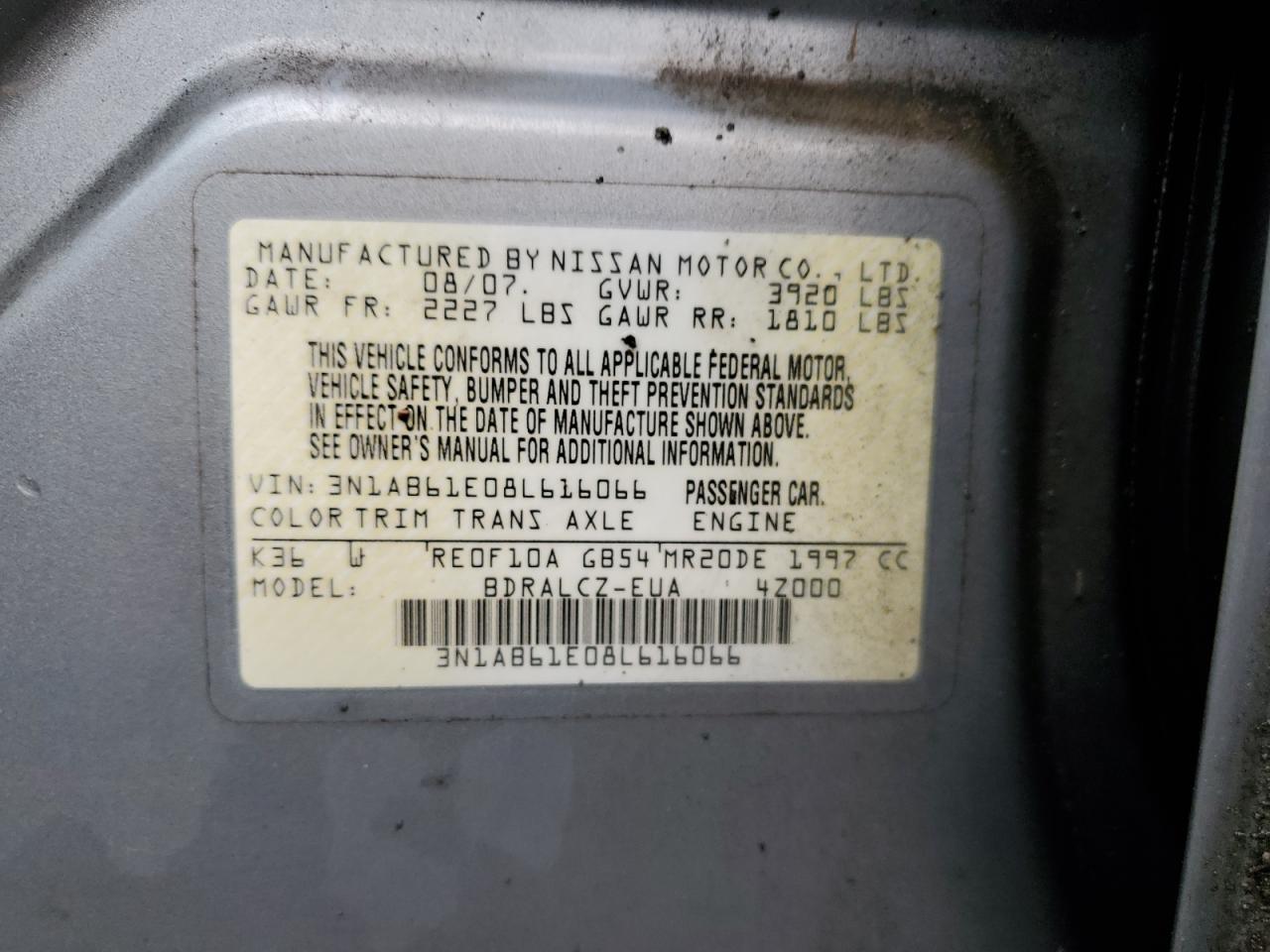 2008 Nissan Sentra 2.0 VIN: 3N1AB61E08L616066 Lot: 52718785